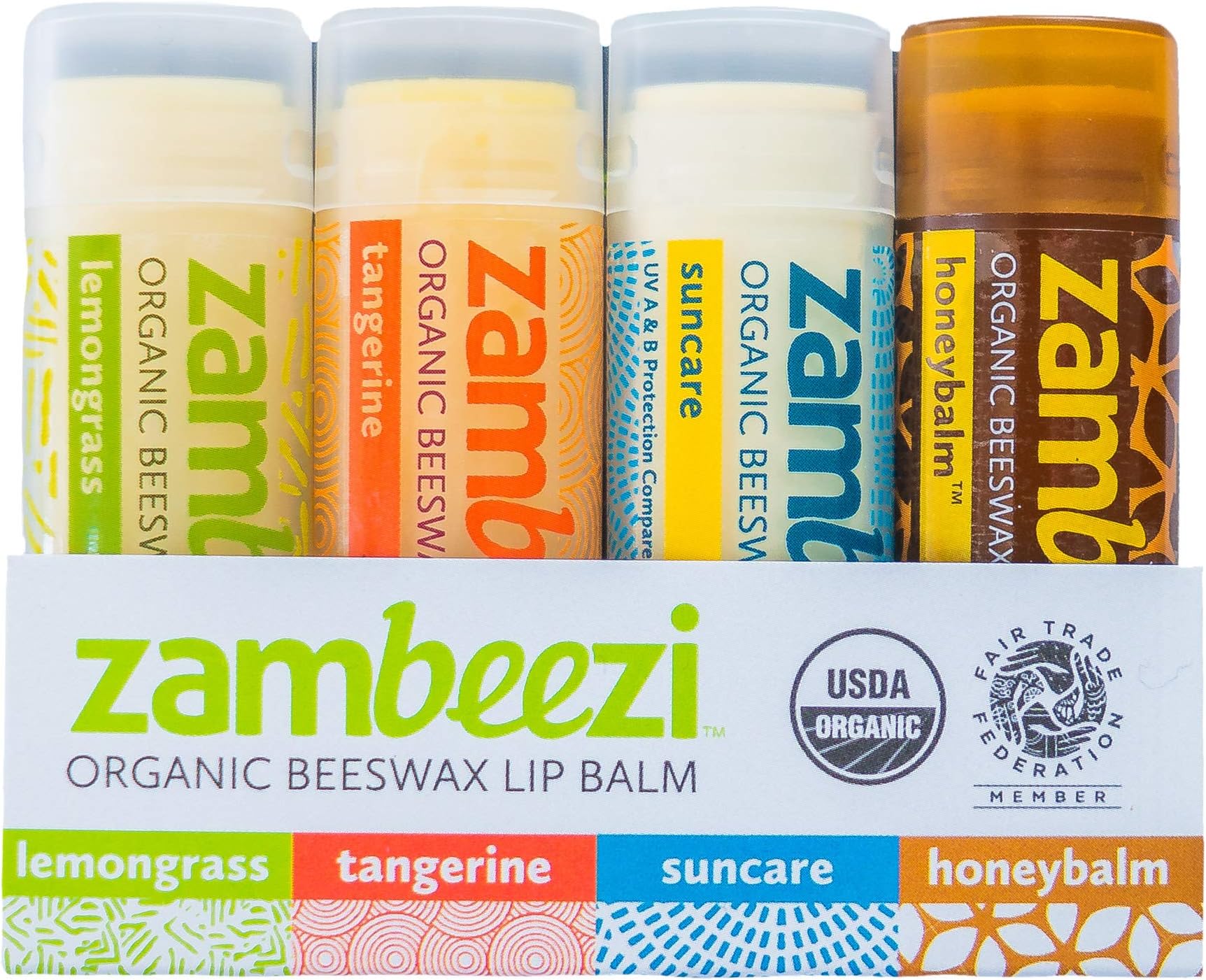 Fair Trade, Organic Beeswax Lip Balm - Variety 4 Pack (Lemongrass, Tangerine, Suncare and Honeybalm) - Ethically Sourced