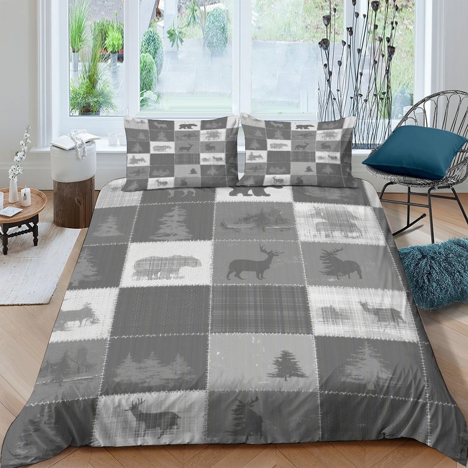 Ctjqhvkz Style-1 3D Printed Forest Animal Patchwork Fitted Sheet Microfiber Soft Grey Lodge Plaid Mattress Cover Bedroom Decor Single（135X200cm）