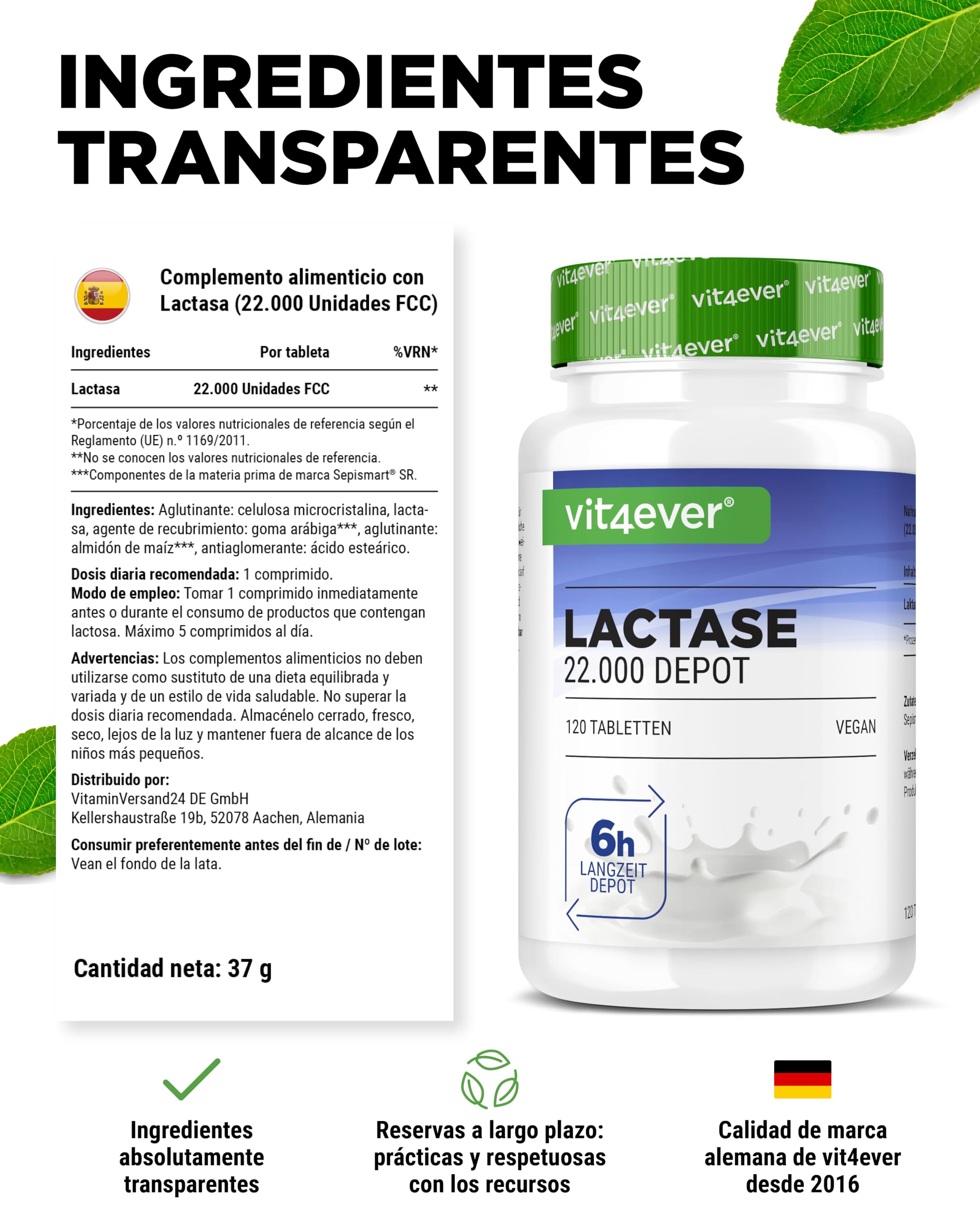 Lactasa 22.000 Depot-120 comprimidos con efecto depot (Sepismart®de liberación lenta) FCC-Para intolerancia a la lactosa+intolerancia a la leche-Sin aditivos indeseables