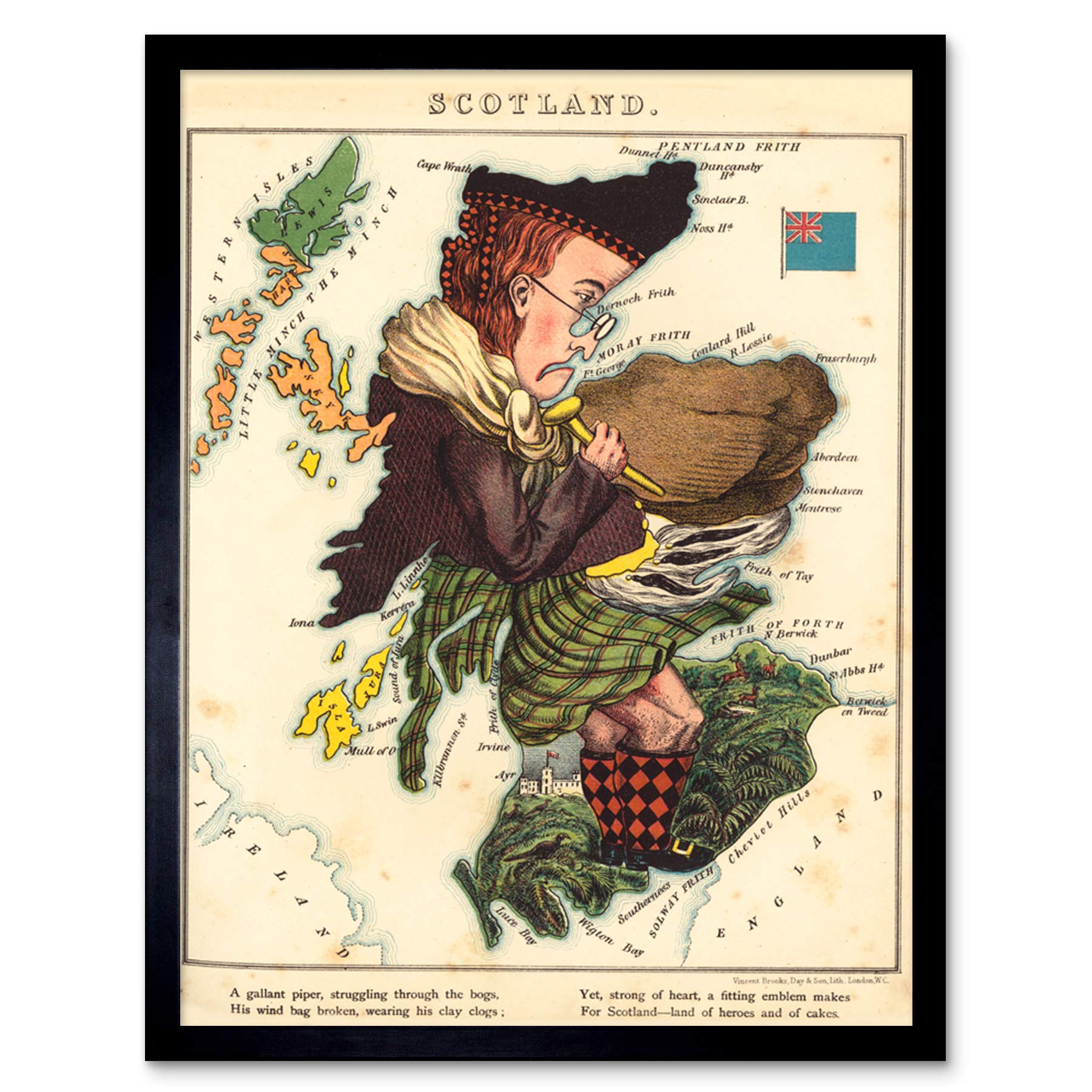 Lancaster 1869 Pictorial Map Scotland Piper Fun Art Print Framed Poster Wall Decor 12x16 inch