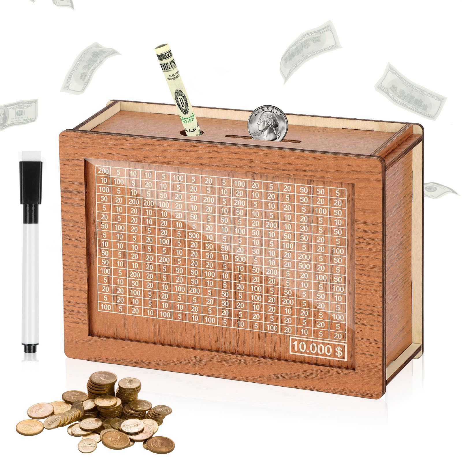 Cash Vault Wooden Savings Box, 2024 New Wooden Cash Saver Money Box, Cash Saver Box, Coin Counter Piggy Bank, Money Box with Counter, Wooden Money Box with Money Target and Numbers($10000)