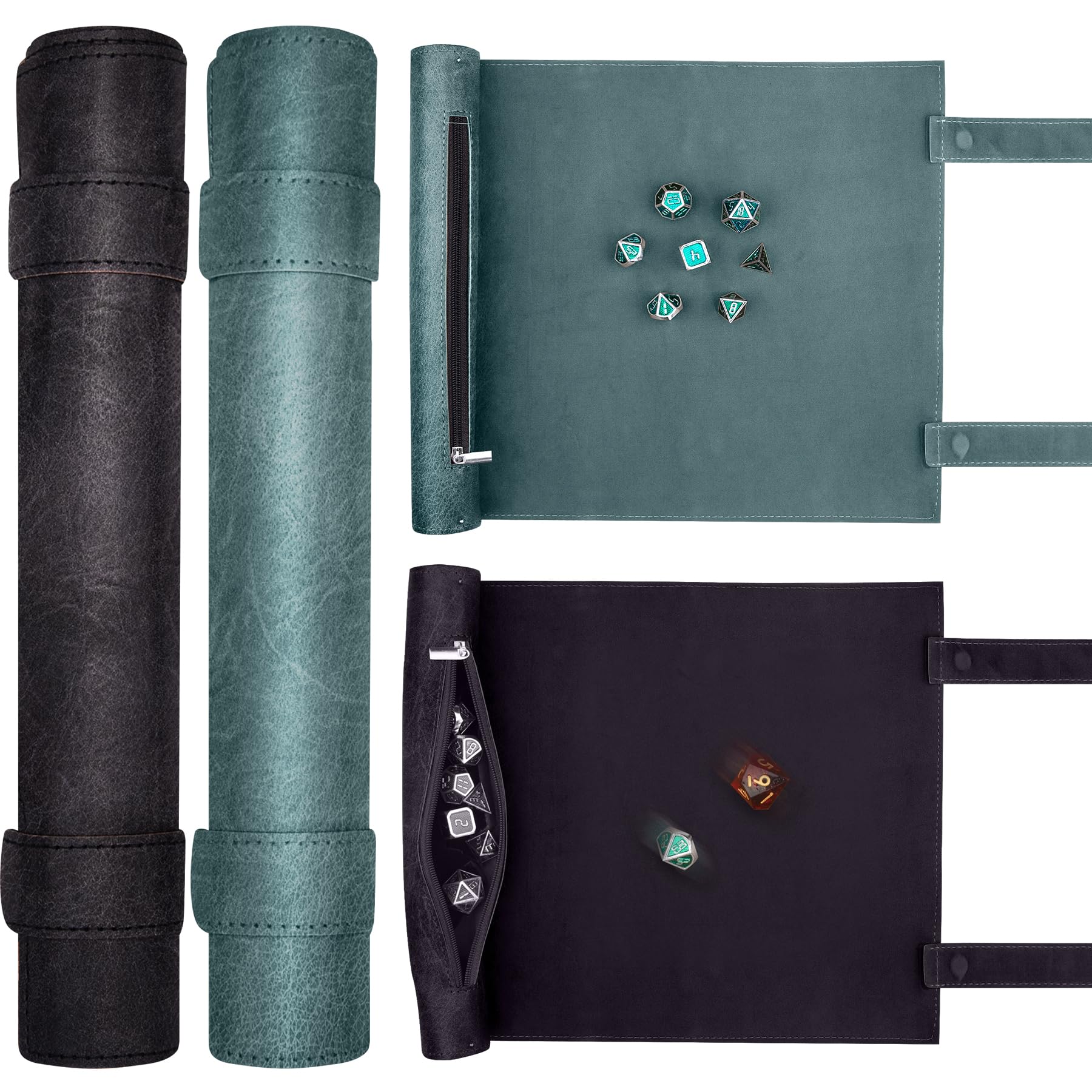 SIQUK 2 Piezas Tapete para Dados 2 en 1 Bandeja de Dados Plegable Bolsa Almacenamiento Tablero Dado Cuero PU con Cremallera para DND RPG (Cian, Negro)