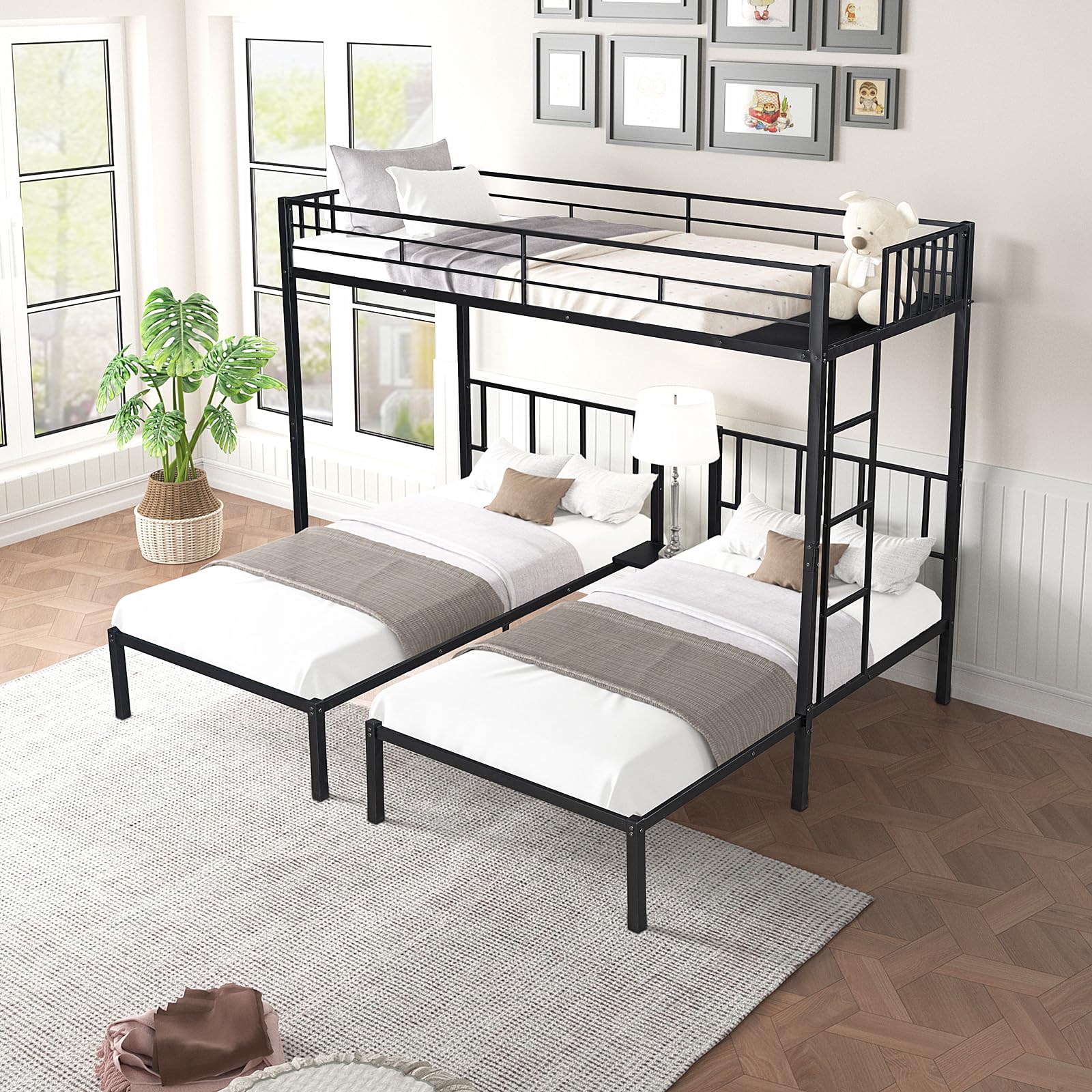 cjc Triple Bunk Beds,Metal Twin Over Twin/Twin Bunk Bed with Guardrails,Detachable L Shaped Triple Twin Bunk Bed Can be Divided Into Three Beds for Kids, Boys, Girls,Teens, No Box Spring Needed (Box 2 of 2 only)