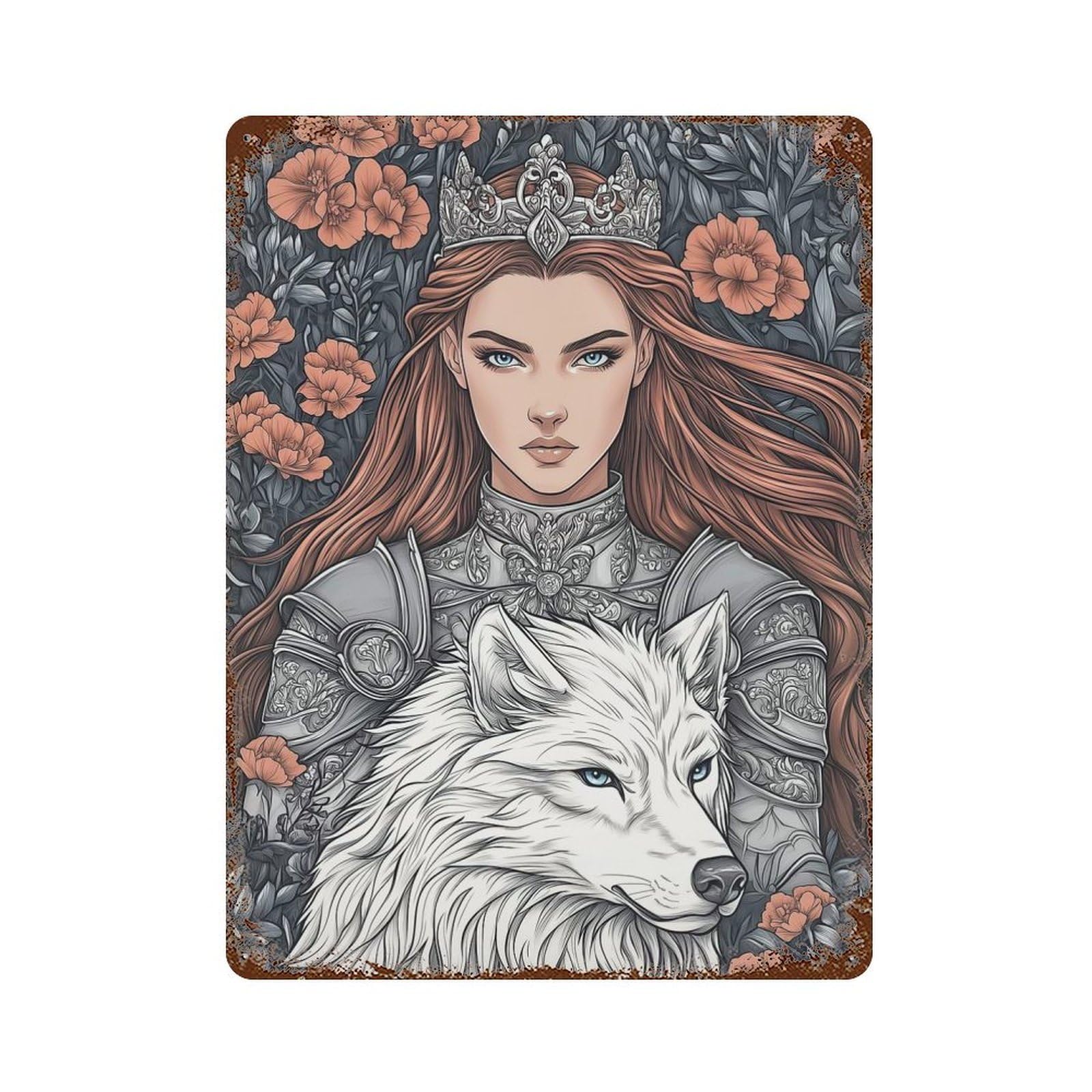 Retro Metal Sign with Queen with Wolf And Floral Background Design 15.7"x11.8", for Office, Studio And Wall Decor, Retro Wall Decor