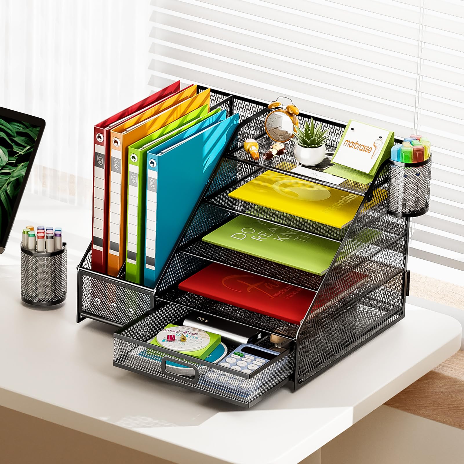 Marbrasse Schreibtisch Organizer,5 Ebenen Papier-Briefablage mit Schublade und 2 Stifthalter,Netz-Schreibtisch-Organizer, Aufbewahrung für Heimbürobedarf(Einseitiger Buchständer)