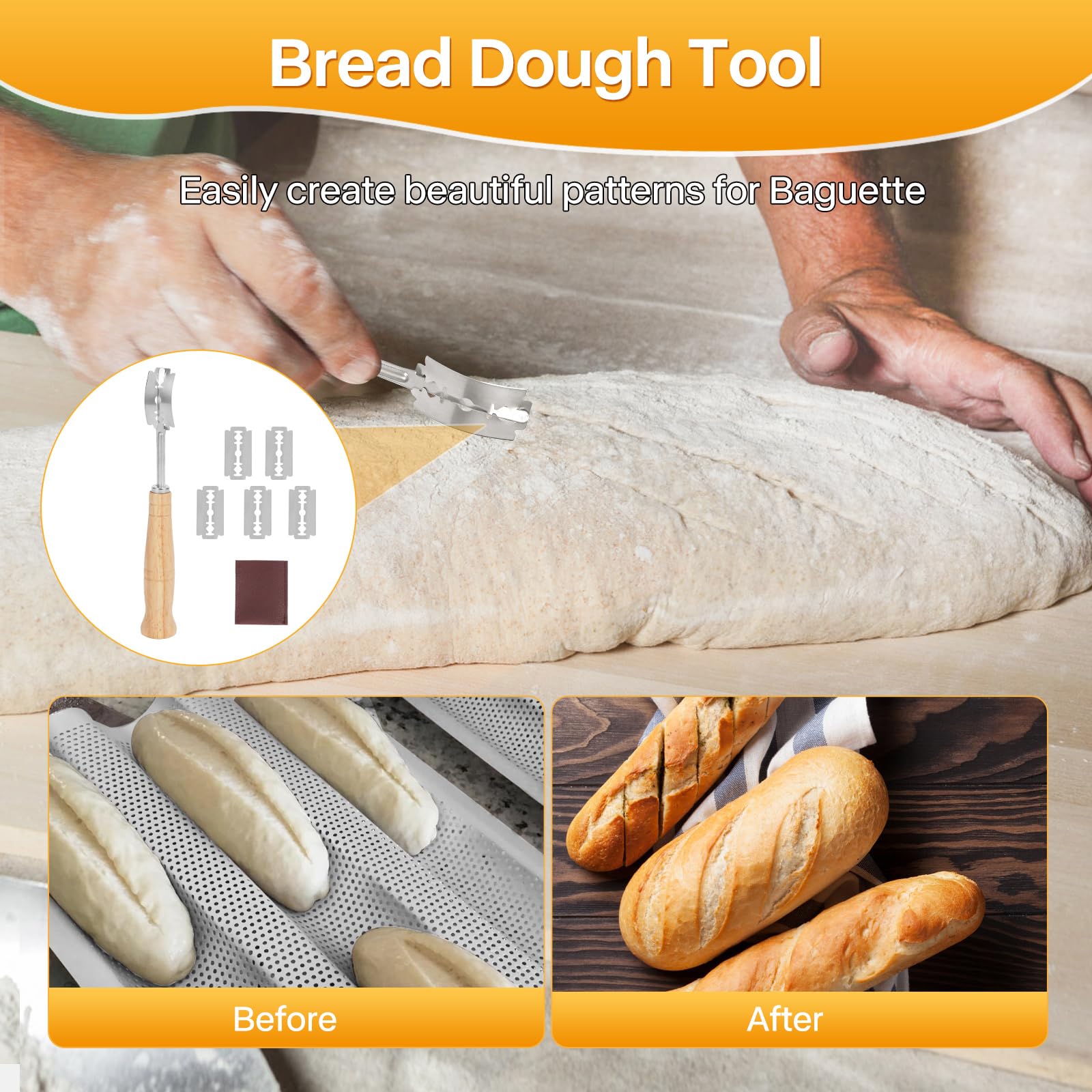 Molde para pan baguette, molde perforado, antiadherente para 3 panes francés, con paño de prueba, kit de cortador de masa para panadería casera, bandeja de baguette, bandeja de pan plateado de
