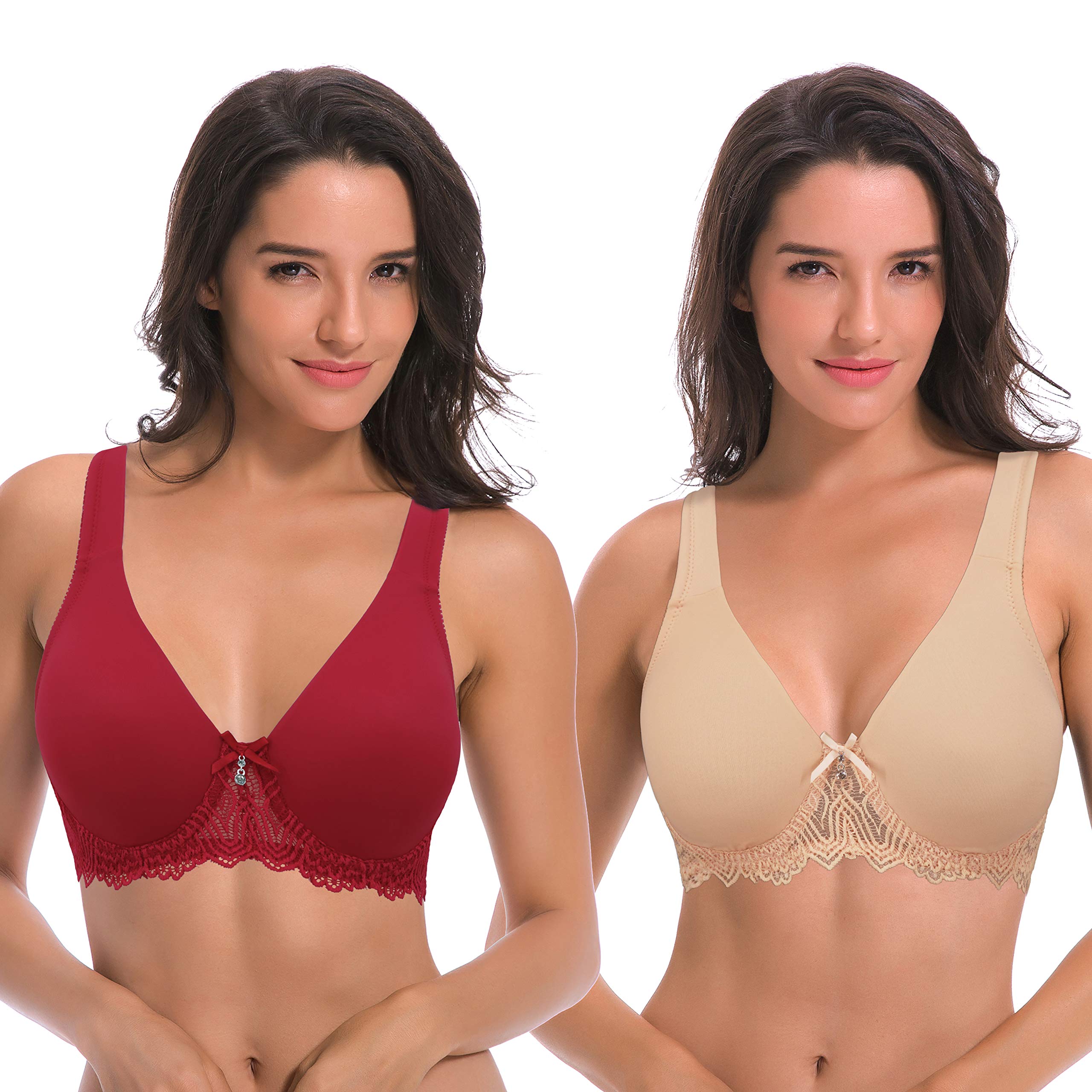 Curve Muse Womens Plus Size Unlined Underwire Lace Bra with Cushion Straps-2PK
