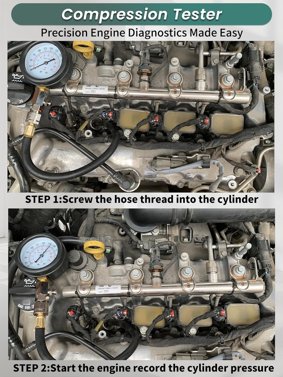 Kompressionstester Kompressionsmessgerät für Benzin und Diesel Motor öldruckprüfer Motorrad Kompression prüfen meßen Kfz M10 M12 M14 M18 0-20 bar & 0-300 psi