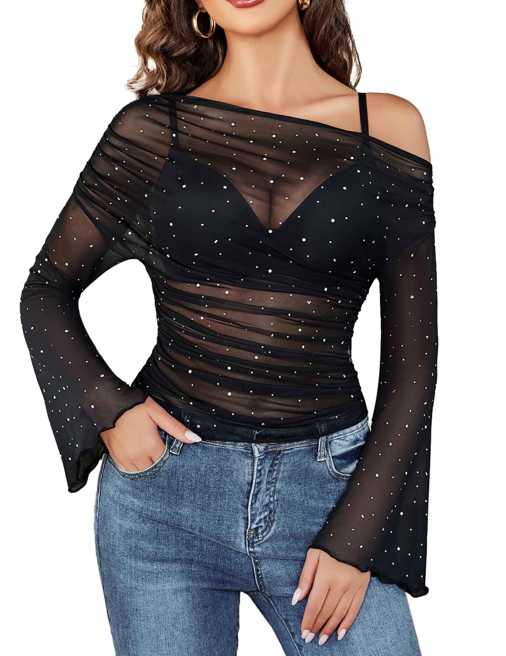 Avidlove Mesh Top for Women Long Sleeve Off the Shoulder Rhinestone Outfits See Through Clubwear, Concert Blouse, Y2k Sequin Top, Bell Sleeves, Ruffle Hem, Slim Fit, Sexy Trendy, Date Night, Going Out