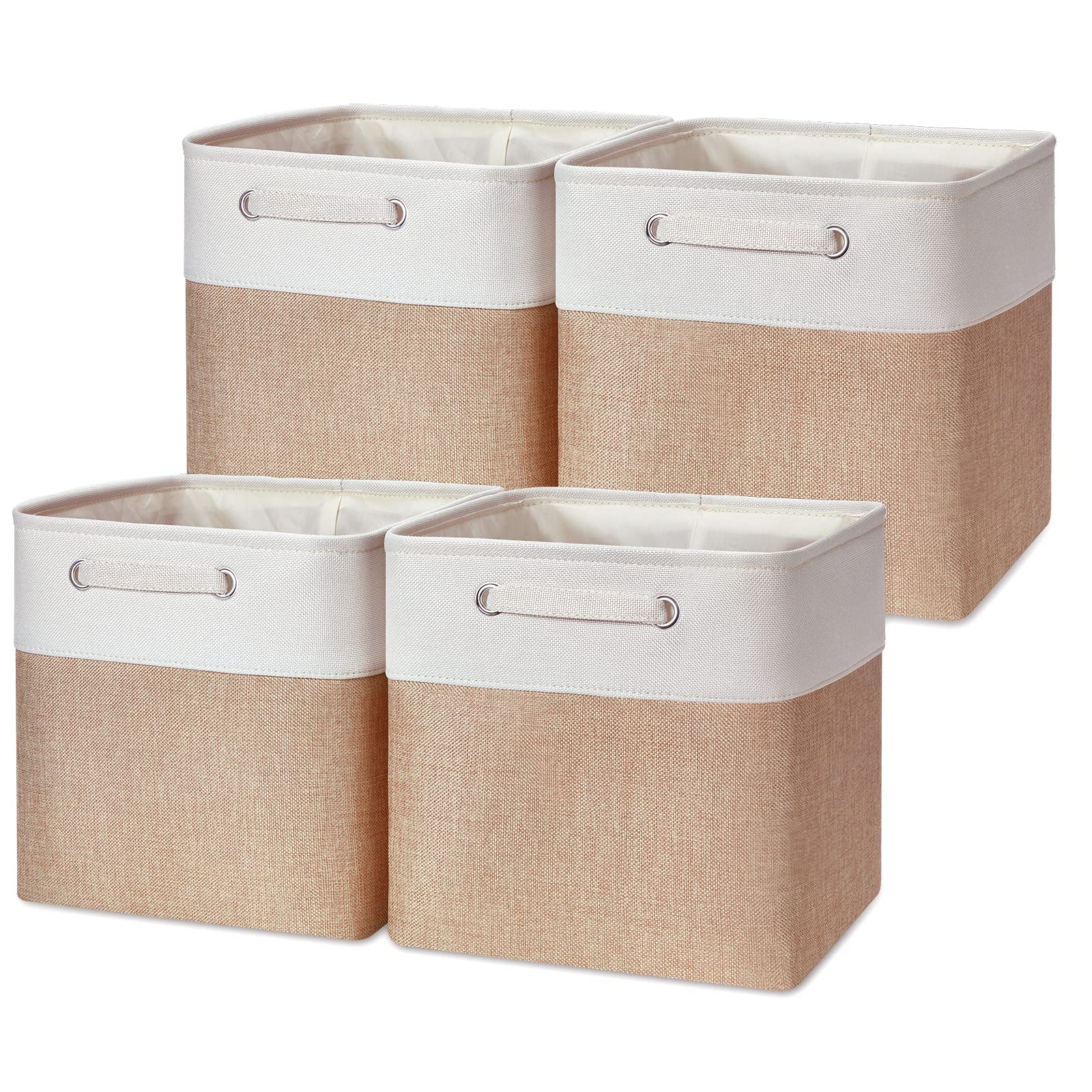 Fabric Storage Bin, Cube Storage Organizer Bins, fabric Storage Cubes for Home Bathroom,Cube Storage Bins with 2 Cloth Handles (White&Khaki-4Pack)