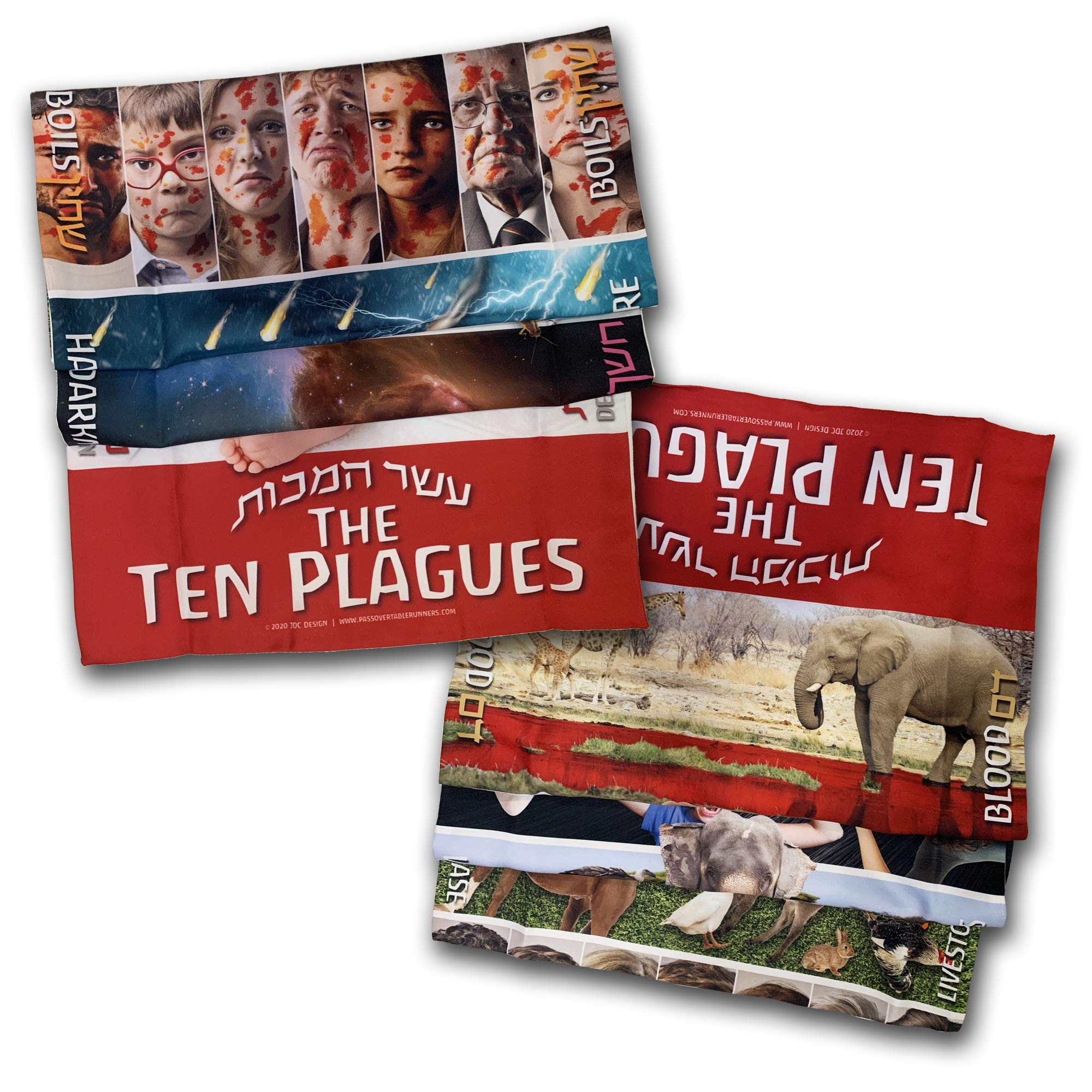 The Ten Plagues Passover Table Runner - 100 Polyester, Vibrant, Colorful, Both Designs are Depicted in Vivid, Fun Detail - 18” X 90” Perfect for Any Table Setting. (Red)