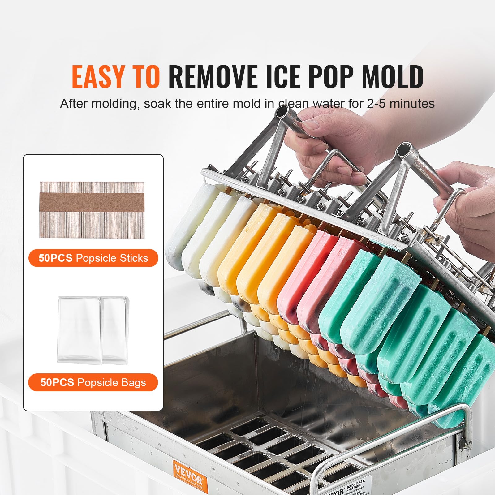 VEVOR Commercial Popsicle Molds, 40PCS Round-Head Ice Pop Molds with Double Slot, Stainless Steel Ice Lolly Popsicle Molds, Ice Cream Maker Mold Holder with 50PCS Popsicle Sticks & Bags