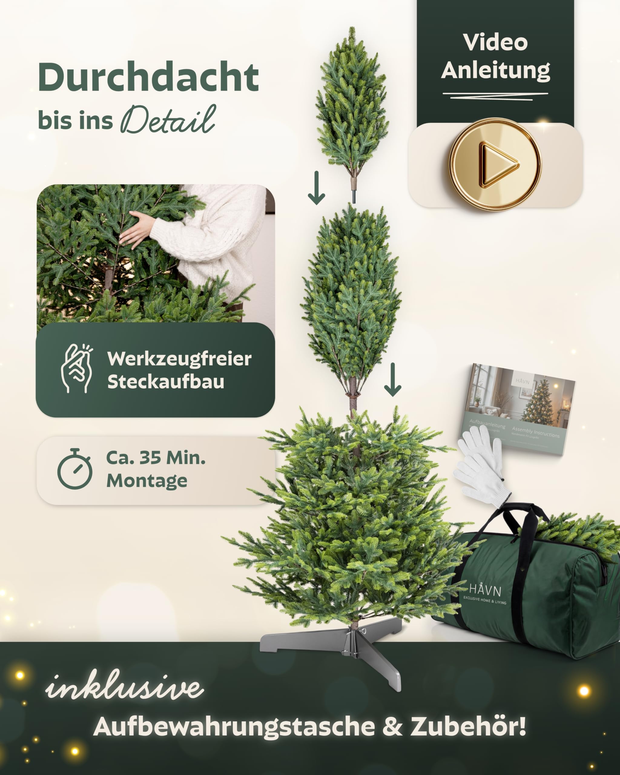 Håvn ® 100 % Spritzguss Künstlicher Weihnachtsbaum (180 cm) – Modell 2026 – Naturgetreuer Stamm, extra dichte Zweige, inkl. Holzständer & Tasche – Premium Tannenbaum