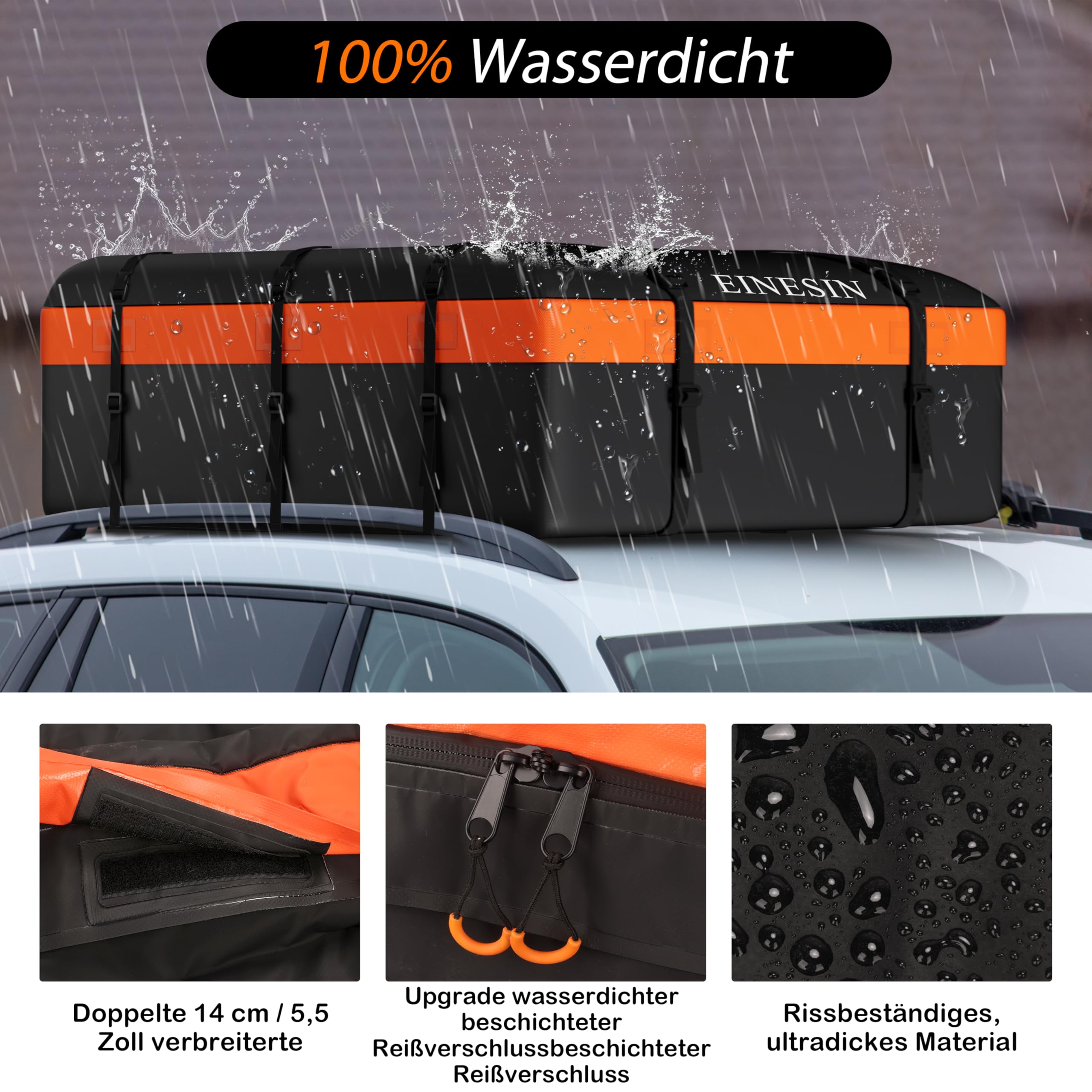 Einesin Dachbox Auto, Dachgepäckträger Tasche, Faltbare Dachkoffer, mit Anti-Rutsch-Matte und Gepäckschloss, für Fahrzeuge mit/ohne Gepäckträger Gepäcktransport, Vans, SUVs (112X86X43CM)