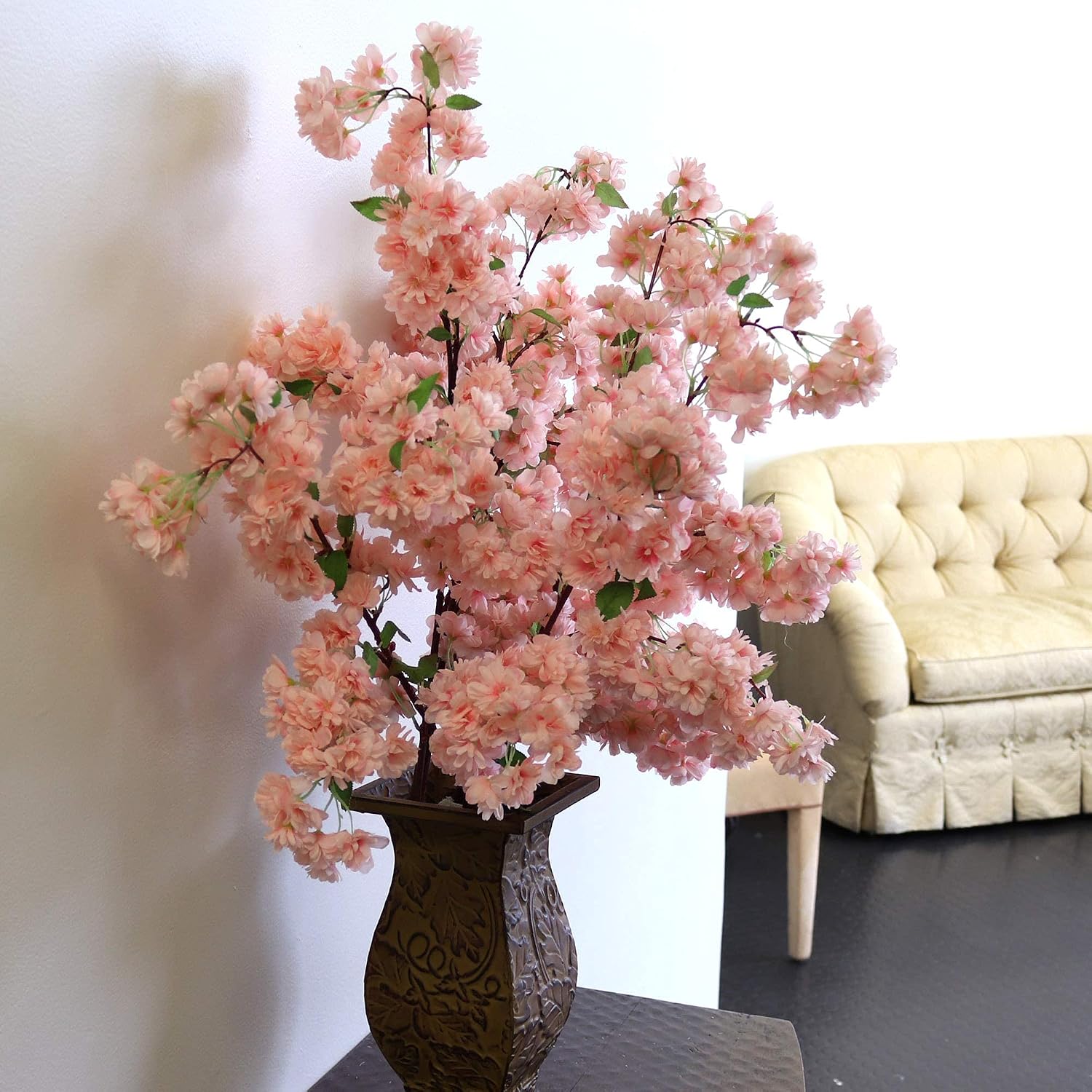 Larksilk Light Pink Cherry Blossom Branches, Three 30 Inch Cherry Blossom Flowers, Light Pink & Green Hues, Vibrant Green Leaves, Home & Business Décor, Japan's National Flower