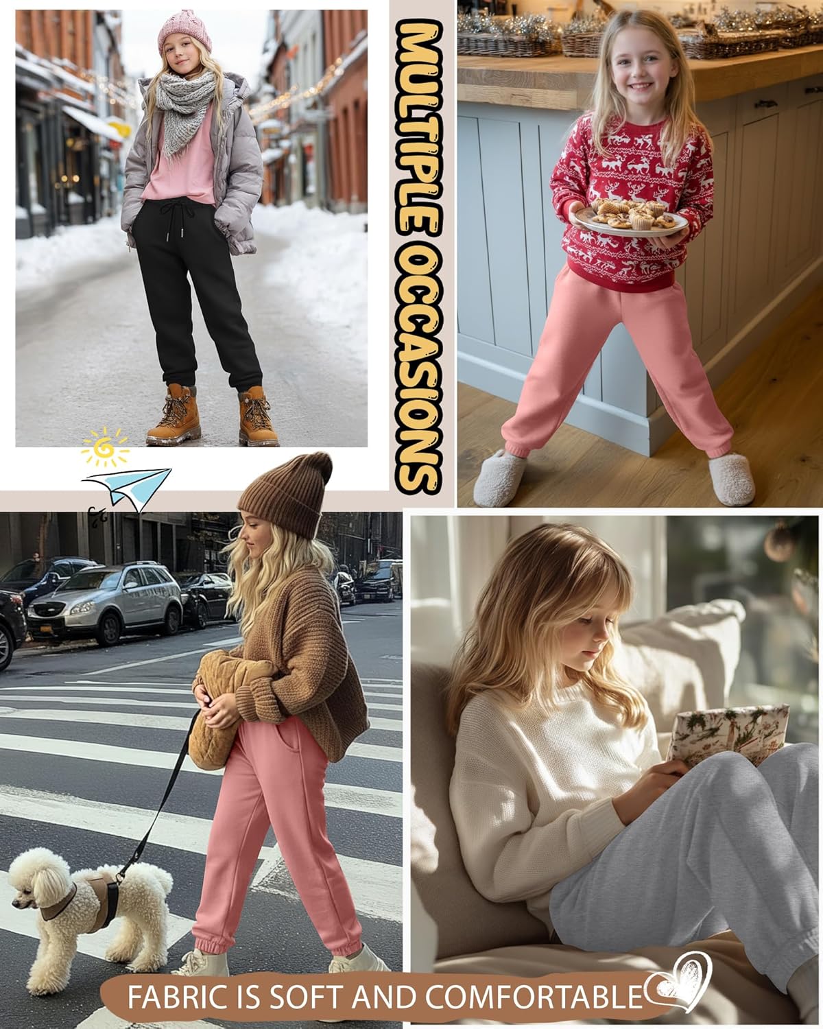 3 Pack Girls' Sweatpants Kids Elastic Waist Drawstring Joggers Casual Athletic Teen Toddler Active Pant with Pocket - Image 5