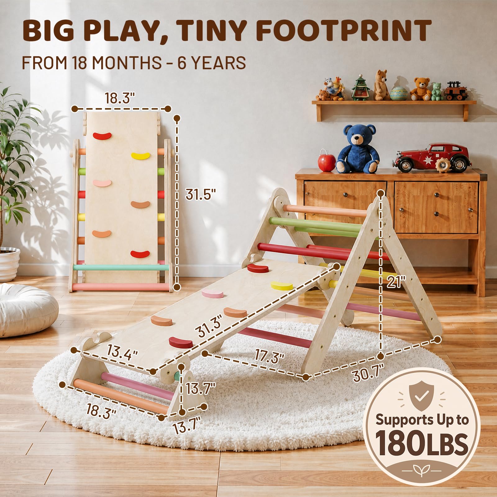 COSYLAND Triangolo da Arrampicata Montessori con Arco e rampa, Set Pieghevole per Bambini, Giocattolo in Legno Resistente per Interni, Bambini da 18 Mesi a 6 Anni