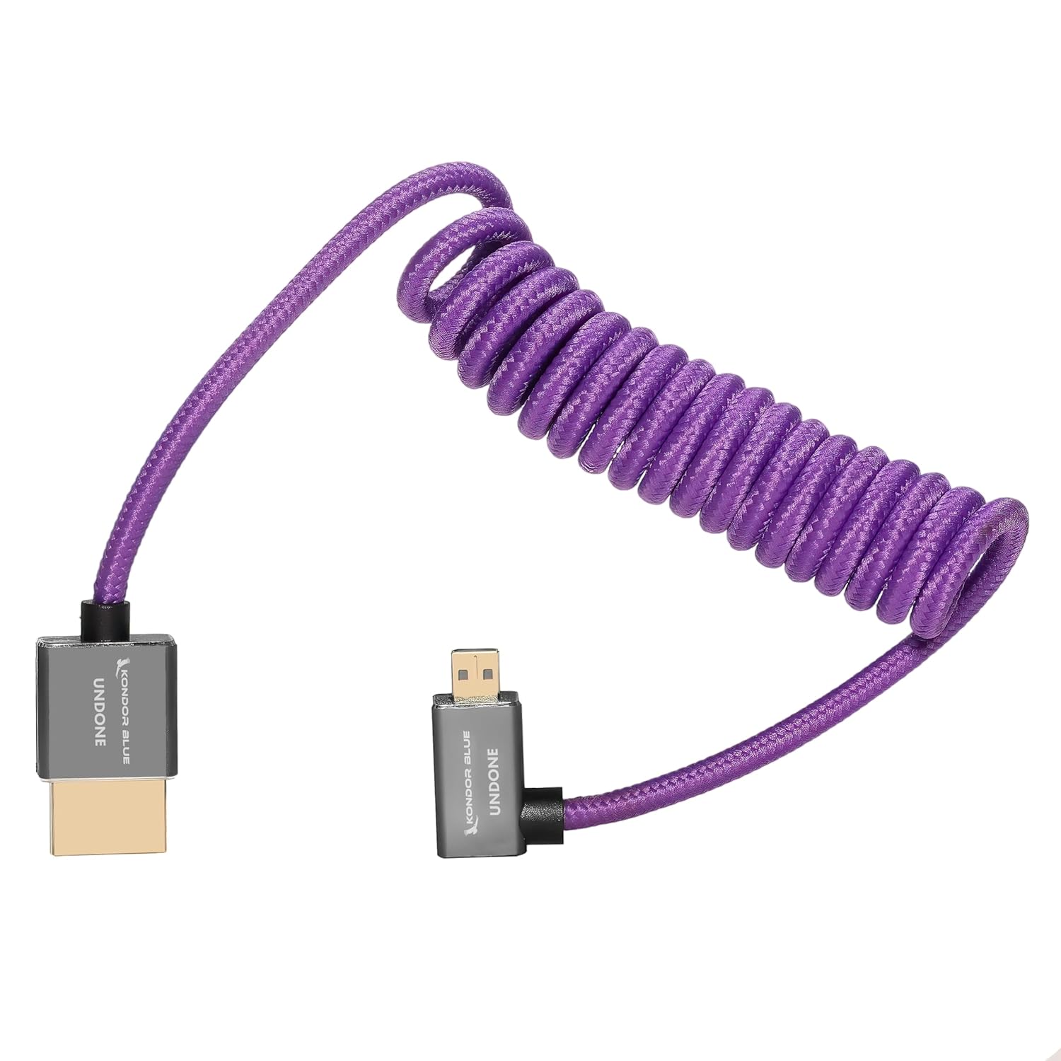 KONDOR BLUE x Gerald Undone | Right Angle Micro HDMI (Type D) to Full HDMI 2.0 Coiled Cable 12”-24” Braided | 4K 60Hz 18Gbps HDR, 3D, Reinforced | for On-Camera Monitors & Recorders + More | Purple