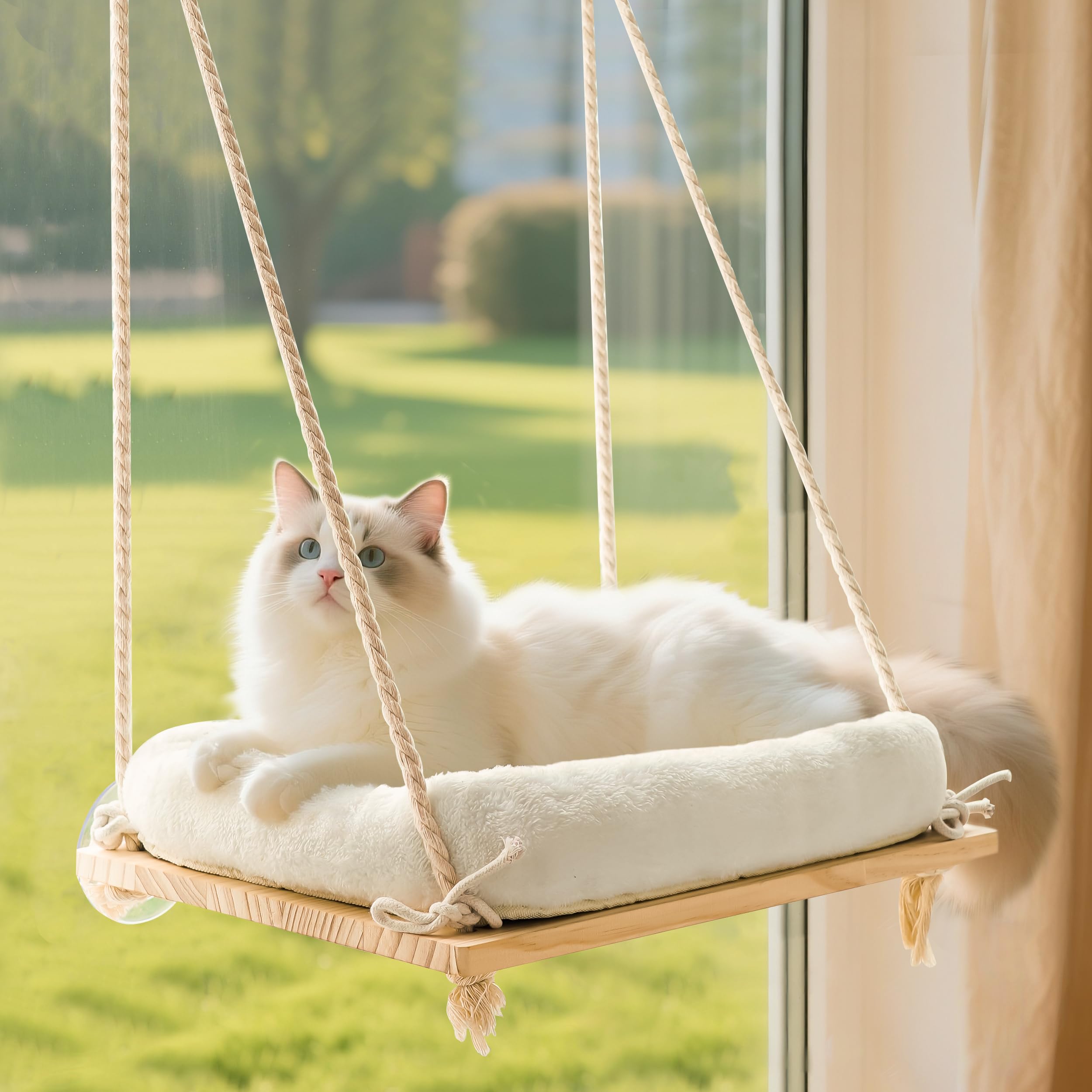 Cat Window Perch, Rustic Cat Hammock Bed with Solid Wood Seat 4 Heavy Duty Suction Cups, Plush Cushion, Indoor Pet Window Hammock for Cats for Large Cats (XL)