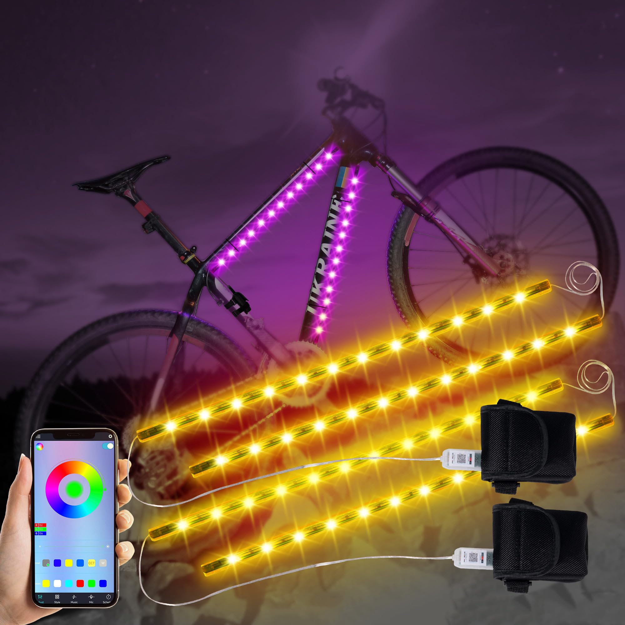 Lot de 2 lumières de vélo pour conduite de nuit, 47 modes clignotants, lumières intelligentes colorées avec boîtier à piles, lumières amusantes et de style skateboard électrique