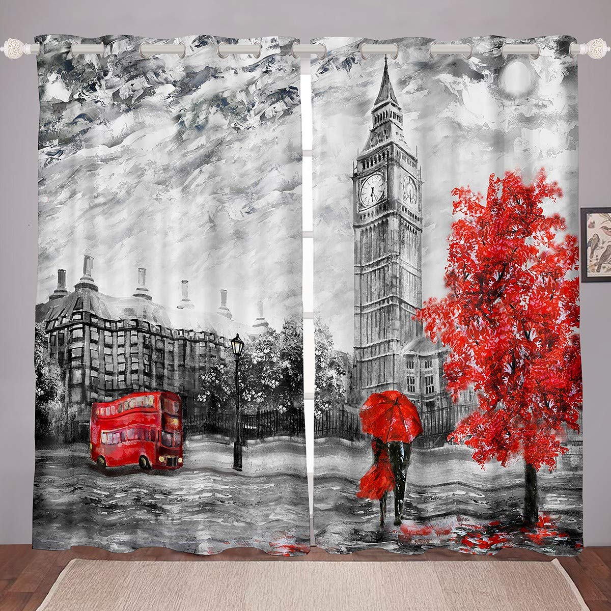 Cortinas de ventana Londres para parejas, cortinas de microfibra Big Ben para niñas, gris y rojo, conde autobús de dos pisos, tratamientos de ventana,chic de París con paisaje urbano (2 paneles, 66 x 90)