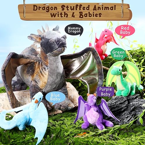 Miniatura 5 de HyDren 5 juguetes de peluche de dragón de 16 pulgadas con 4 bebés dragones en el vientre de dinosaurio de mamá, animal de peluche para niños y