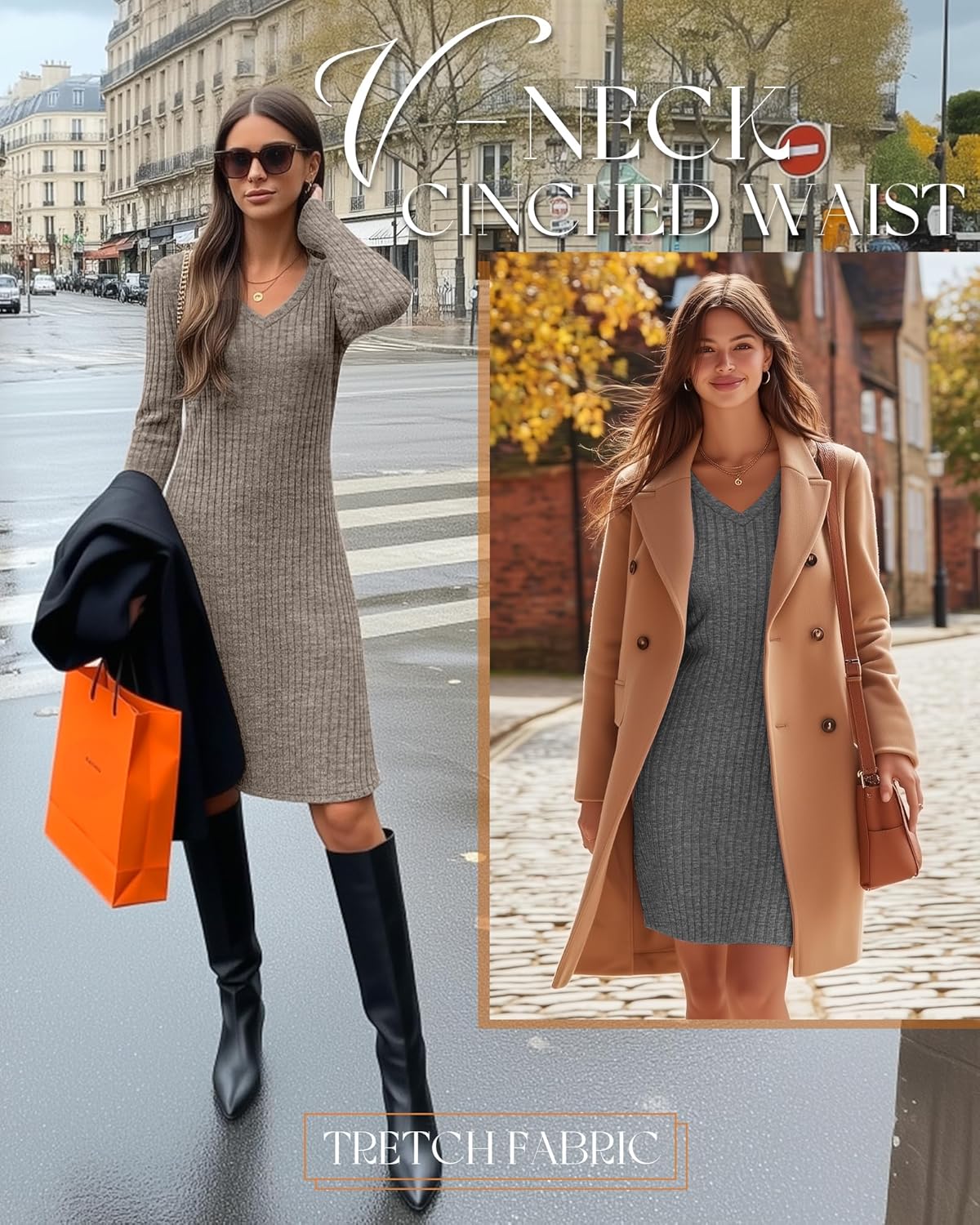 Riyiper 3 Pack Women's V Neck Long Sleeve Dresses, Knit Fall Winter Casual Loose Fit Tunic Sweater Dresses - Image 4