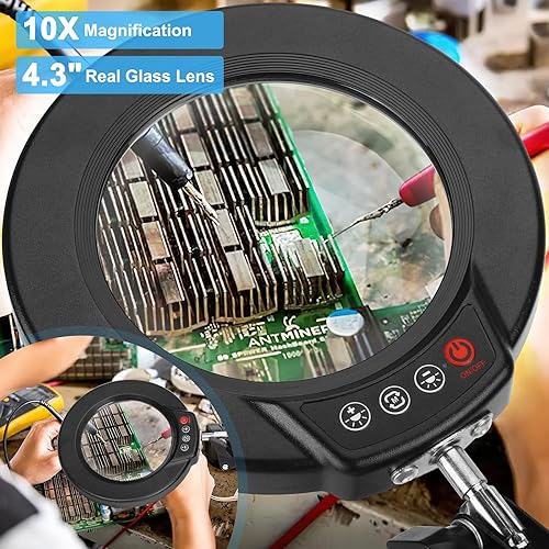 Lupa 10X con luz y soporte, 5 modos de color, lupa iluminada 2 en 1 regulable sin escalones con abrazadera, lámpara de escritorio LED manos libres