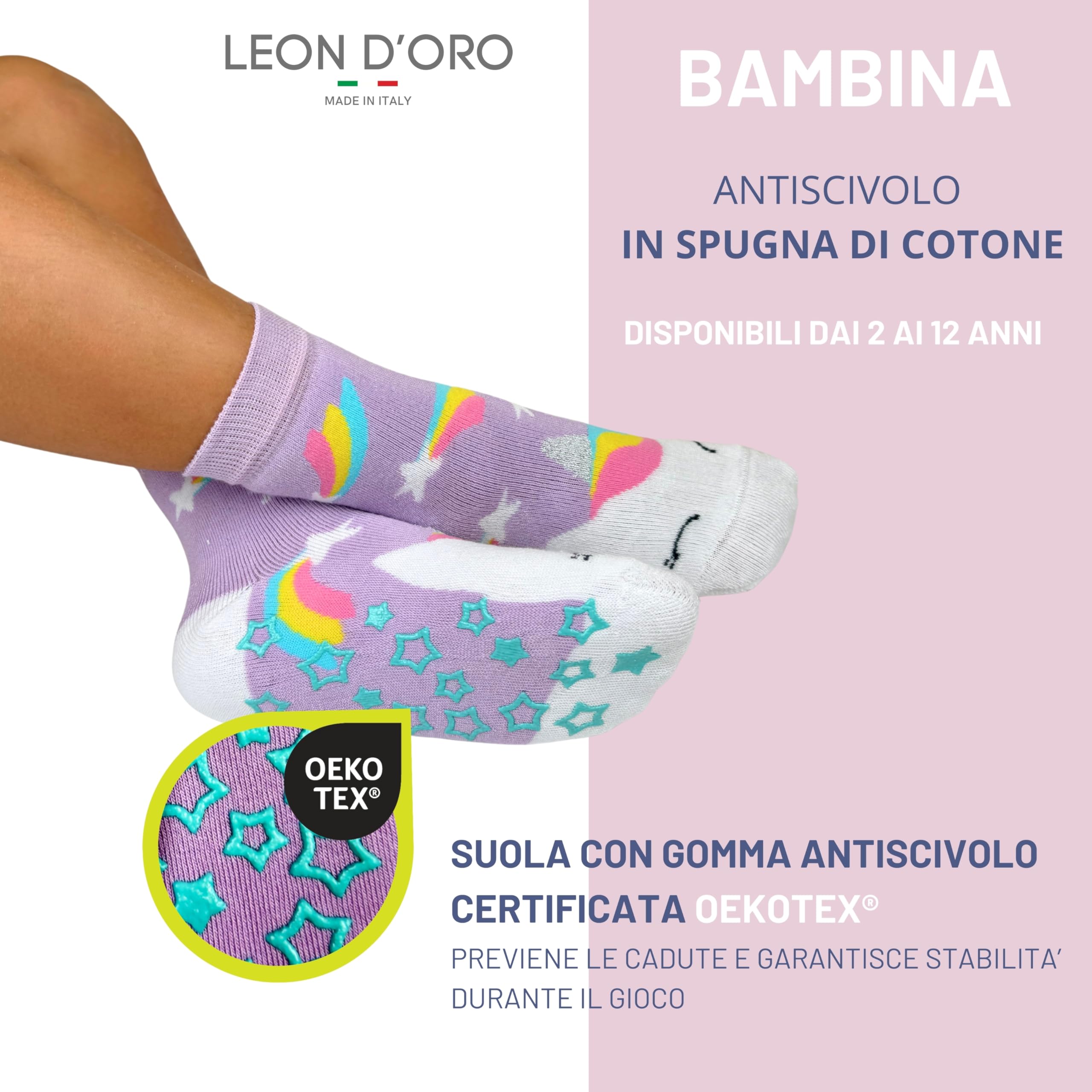 LEON D'ORO Calcetines de niña antideslizantes de algodón para niña, ABS, escuela, casa, hinchables, fabricados en Italia