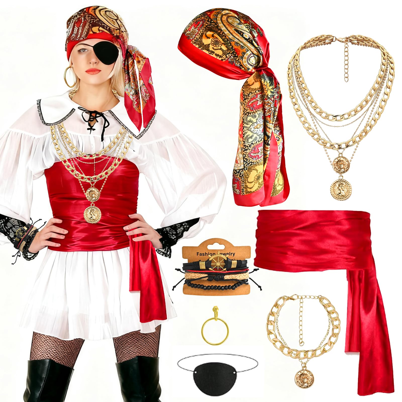 GOLDGE 7 Stück Piratenkostüm Damen Zubehör, Kostüm Pirat Dam