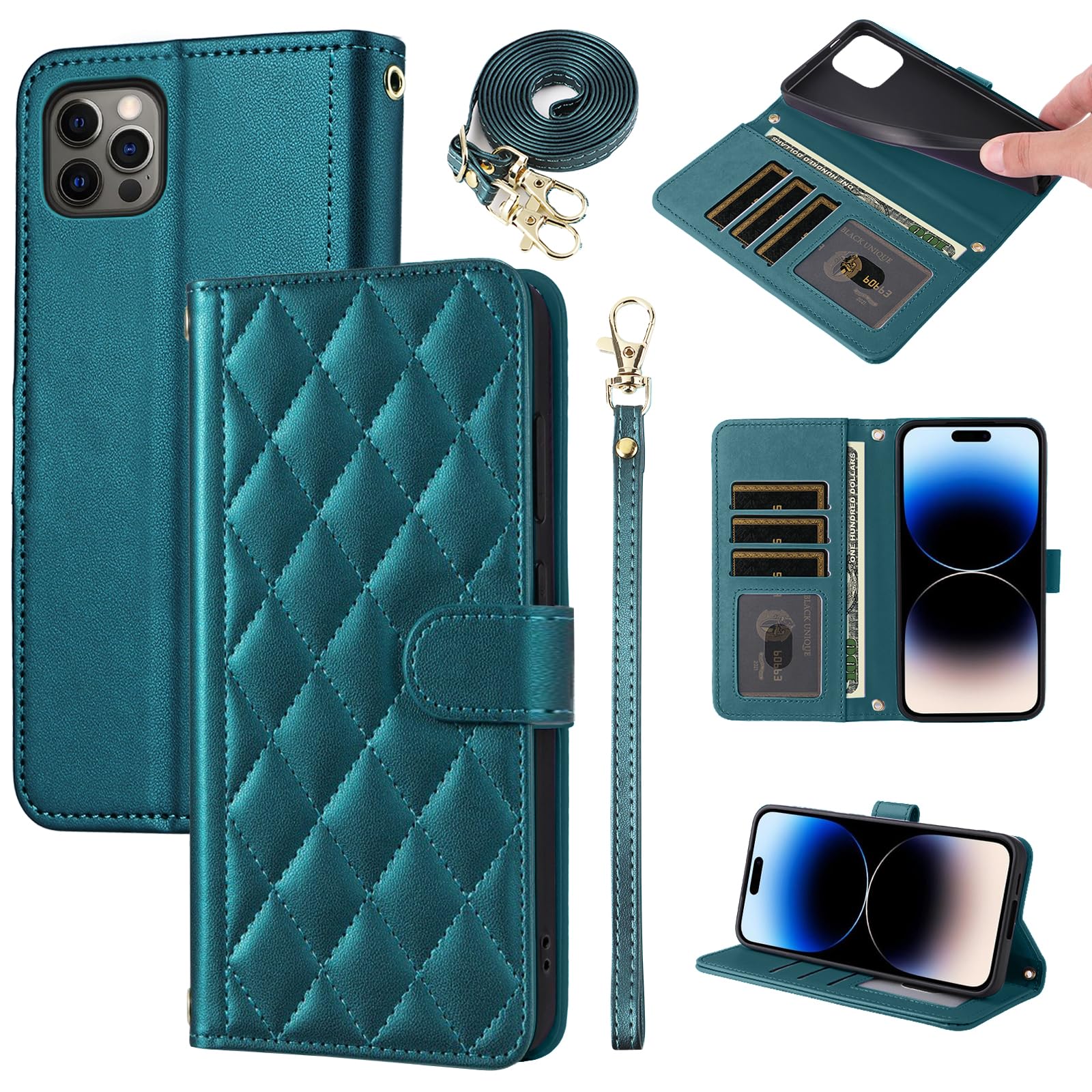 Furiet Wallet Case for iPhone 14 Pro Max 6.7 inch with Wrist Strap, Shoulder Strap, Card Slots Folio Purse, PU Leather Stand Phone Cover for