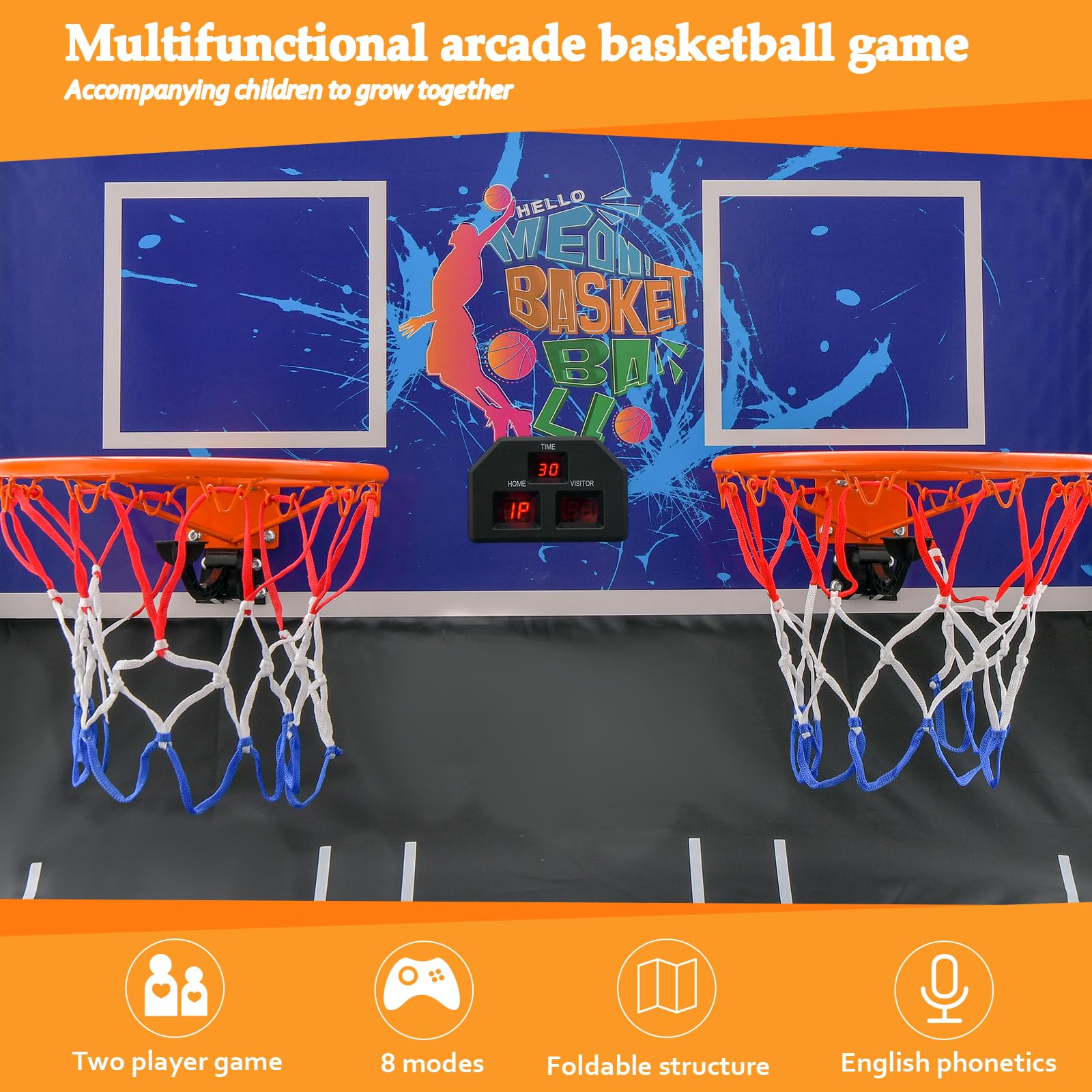 KOMFOTTEU Set di cestini da pallacanestro, arcade pieghevole a doppio cestino con contatore elettronico, 8 in 1 macchina da tiro da basket con 4 palline e pompa, 202 x 107 x 205 cm (blu)