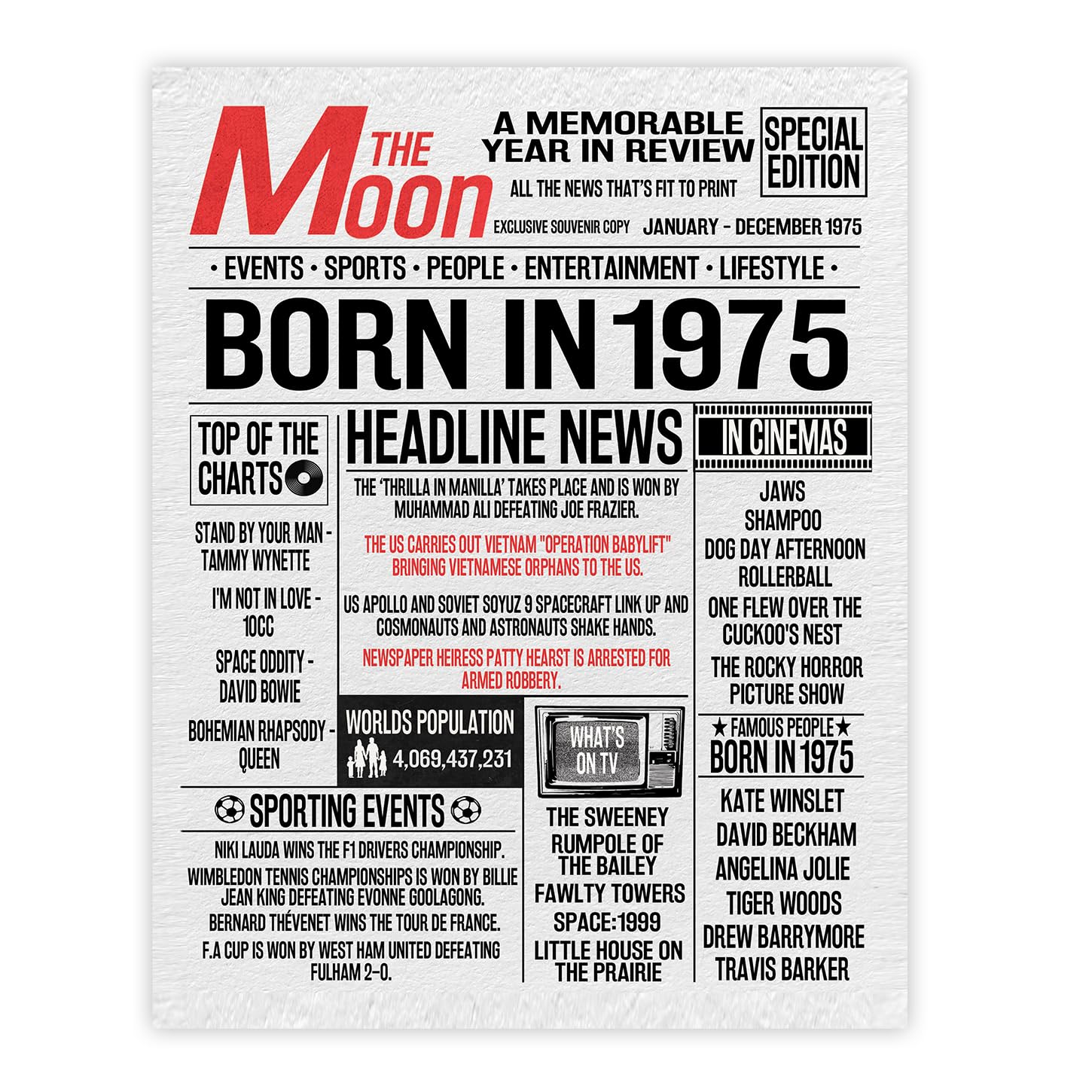 Stuff4 51st Birthday Poster Unframed - Born In 1975 Newspaper - Happy 51st Birthday Gifts for Men Women Vintage Retro Back In 1975, 8x10 Inch Bday Party Decor Decoration