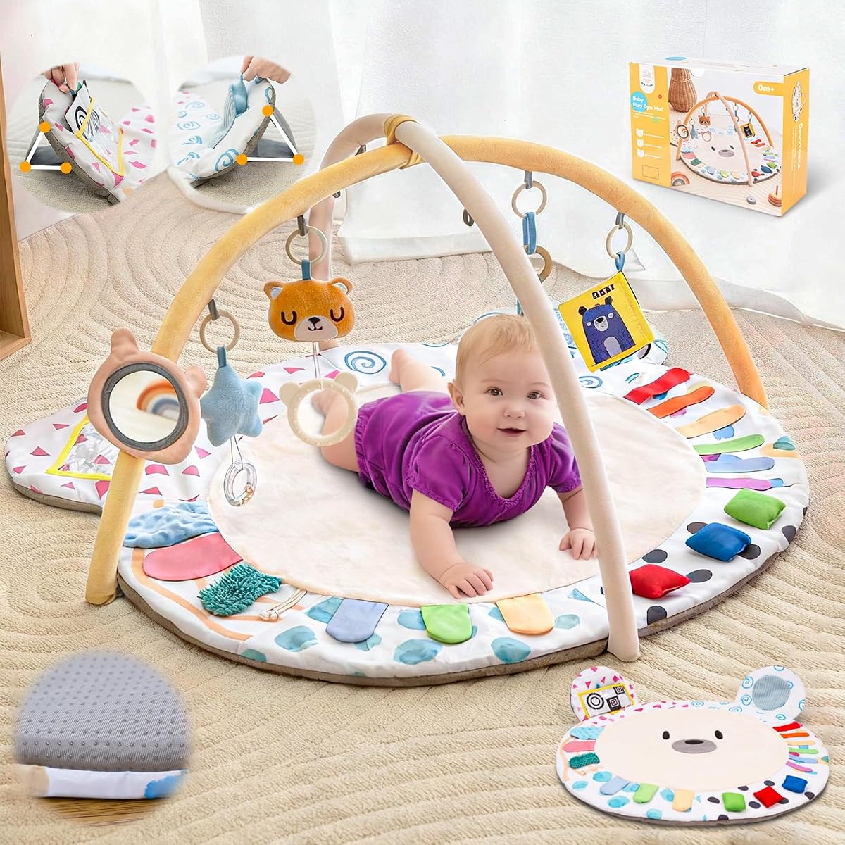 Extra Large Baby Play Gym, Thickened and Non Slip Activity Mat | Practicing Head Lifting, 6 Developmental Zones Tummy Time Mat with 5 Detachable Toys for Motor Skills, Baby Gifts, Bear