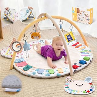 Beavtaens Baby Play Gym Mat - Thickened Non-Slip Tummy Time Activity Mat, 6 Developmental Zones, 5 Detachable Sensory Toys (Bear Design)