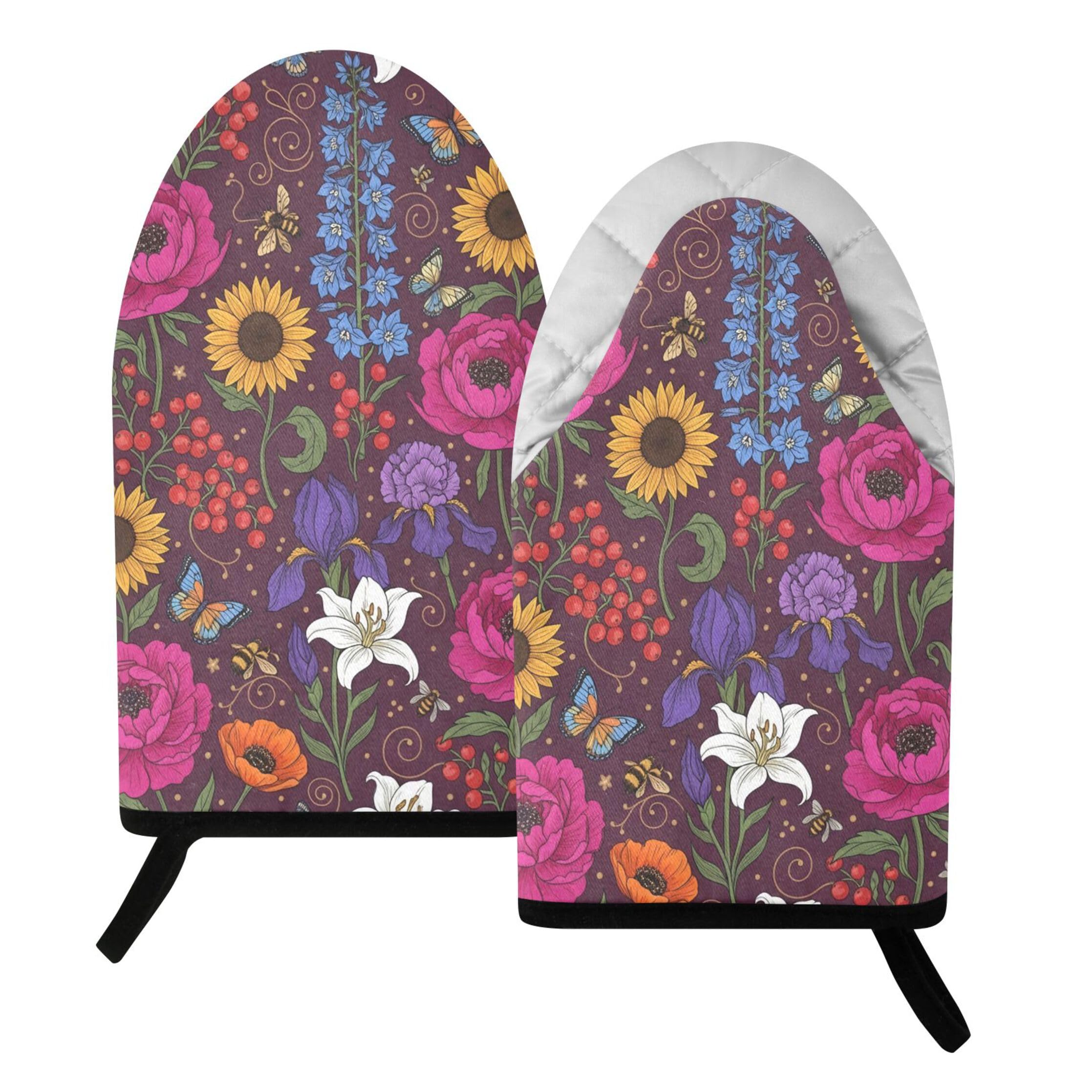 Kutsu Wildflowers Oven Mitts for Kitchen, Heat Resistant Cotton Oven Gloves for BBQ Baking Cooking, Breathable Kitchen Essentials, 2 pcs