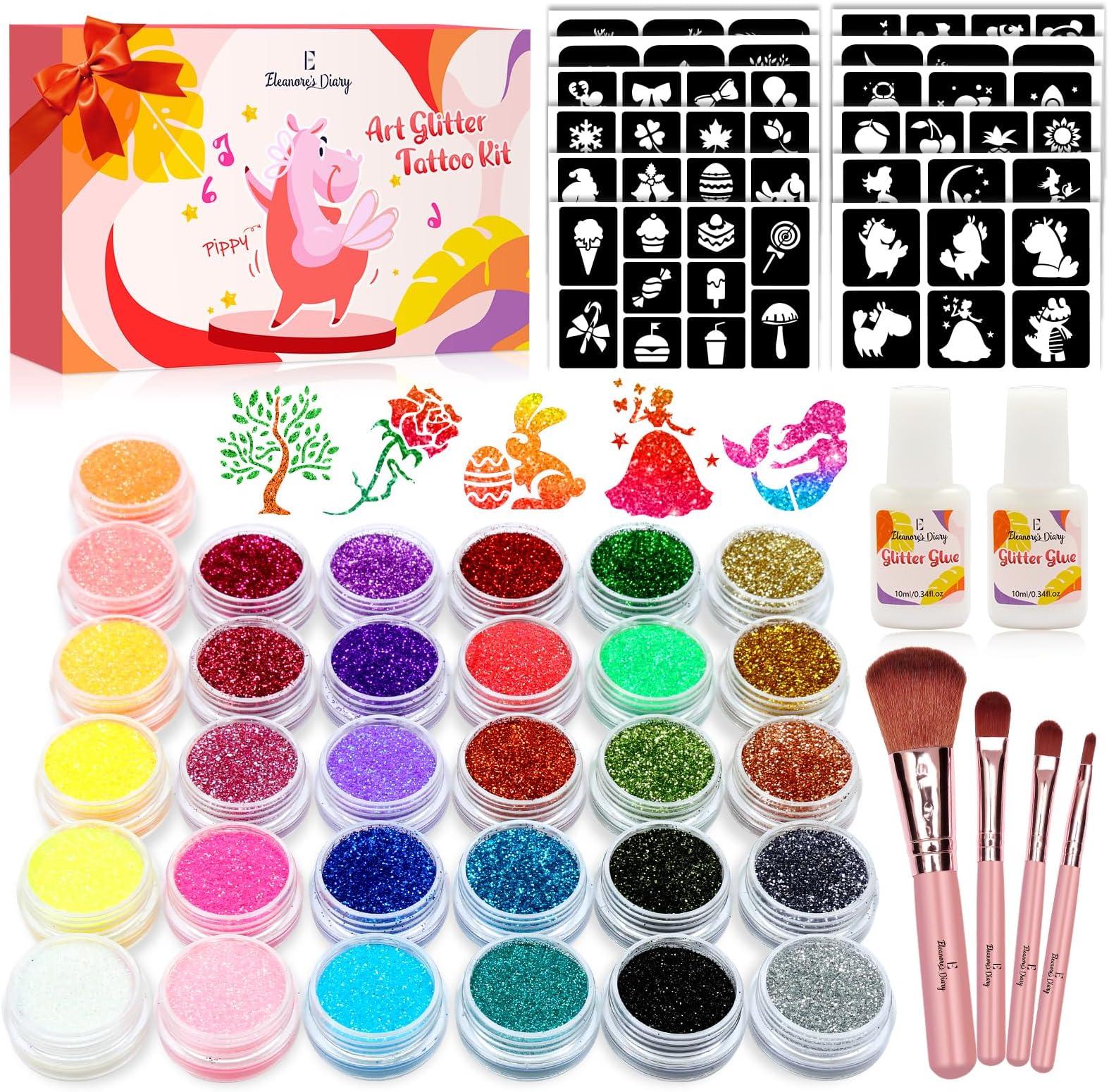 Glitter Tattoo Kit for Girls, Eleanore's Diary Temporary Tattoos Kit for Children with 31 Biodegradable Sequins, 165 Stencils, 4 Brushes, 2 Glue, Easter Gift for Girls 3+