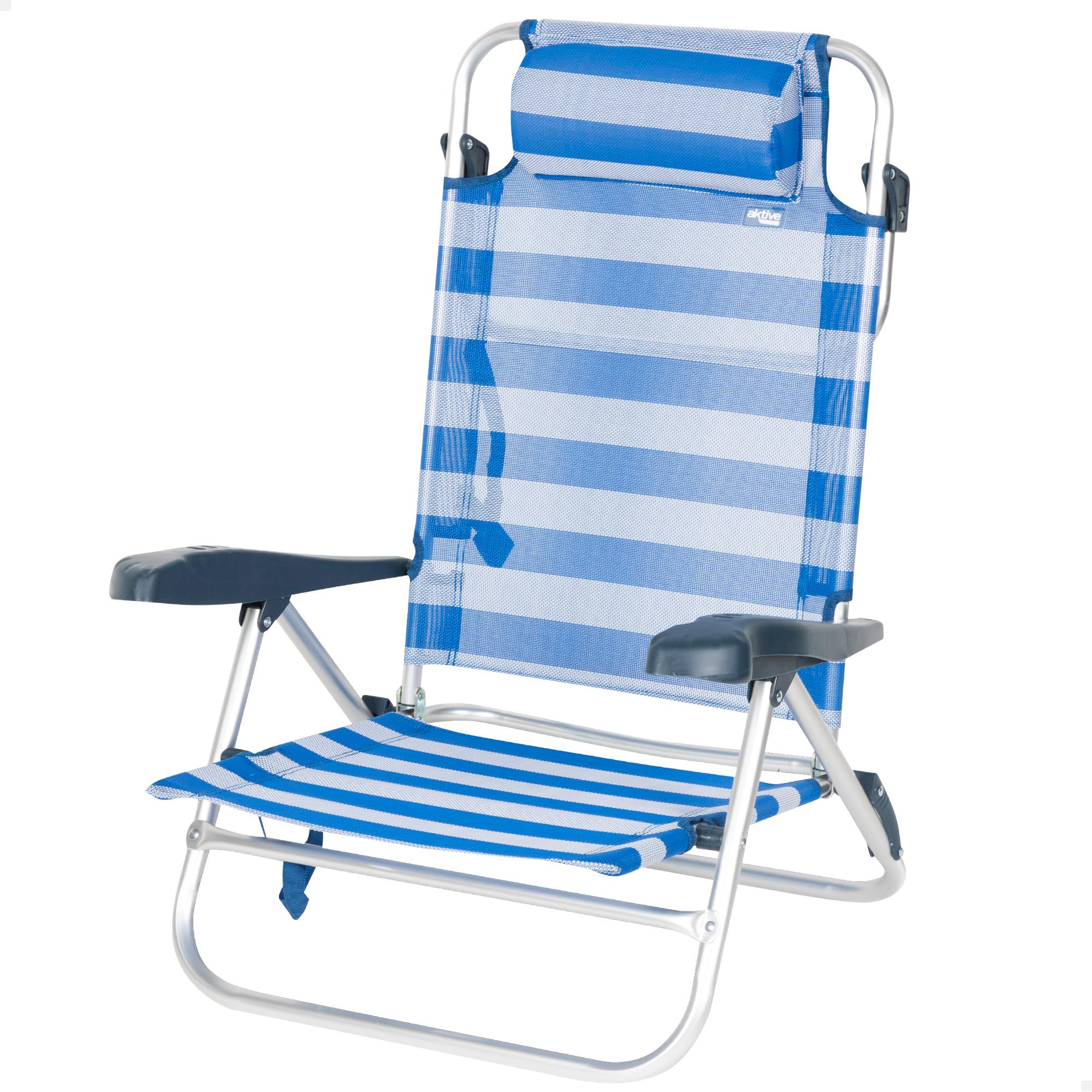 AKTIVE Silla playa plegable, 8 posiciones, Marinera, 47x49x82 cm, Incluye cojín acolchado, Asas de transporte, Soporta 110 kg, Sillas respaldo reclinable, Multiposición (62666)