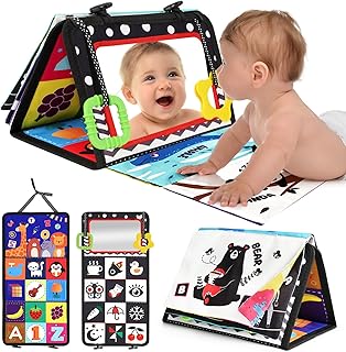 URMYWO Juguete con espejo para bebé con libro crujiente, negro y blanco, juguete para morder bebé 0, 3, 6, 9 meses, libro de contraste, colores de aprendizaje, juguetes sensoriales para bebés, niños