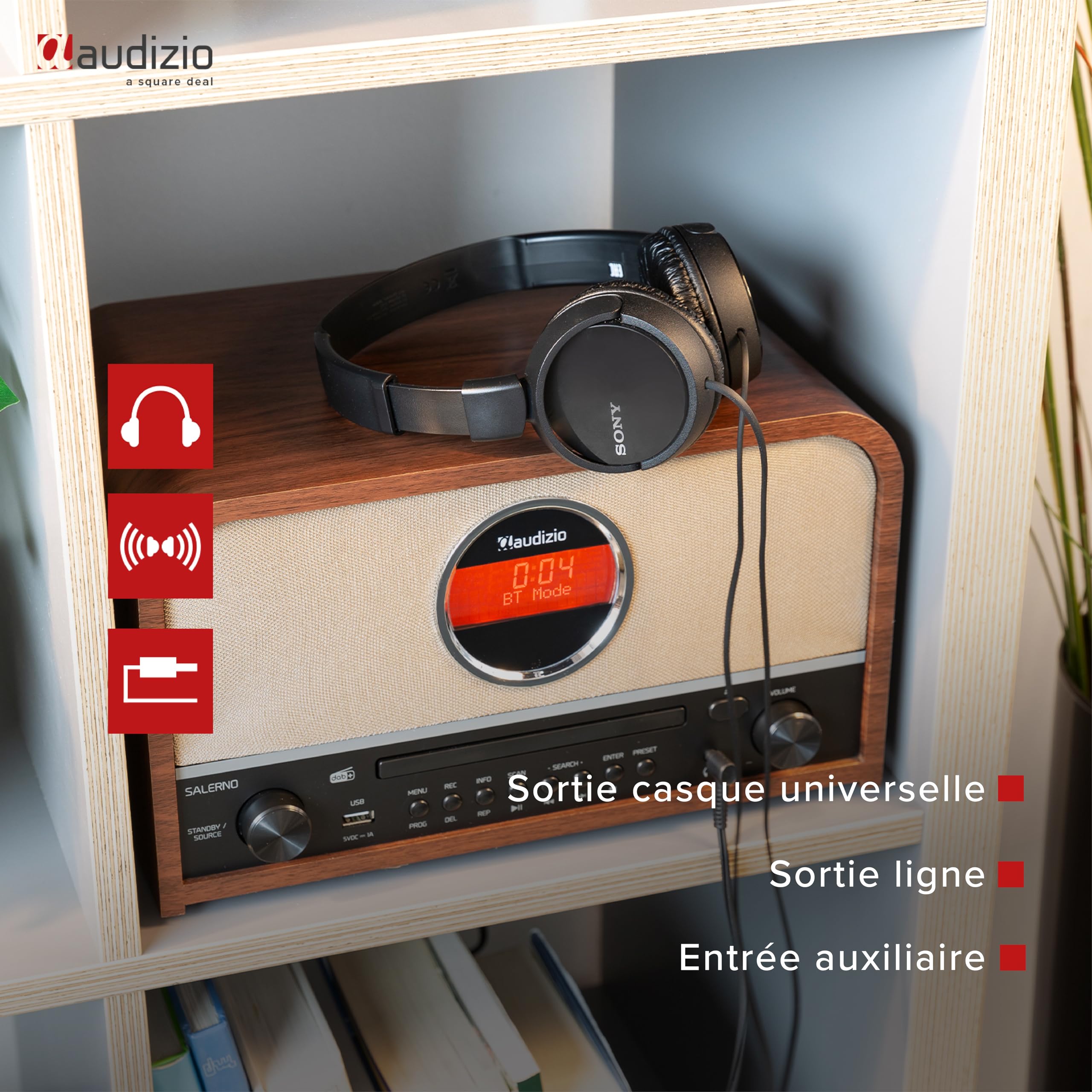 Audizio Salerno Radio Dab+ avec Lecteur CD - Bluetooth 5.0, Affichage LCD, Horloge et Minuterie, Sortie Casque, Télécommande Incluse, Idéal comme Objet de Décoration et pour Écouter la Radio