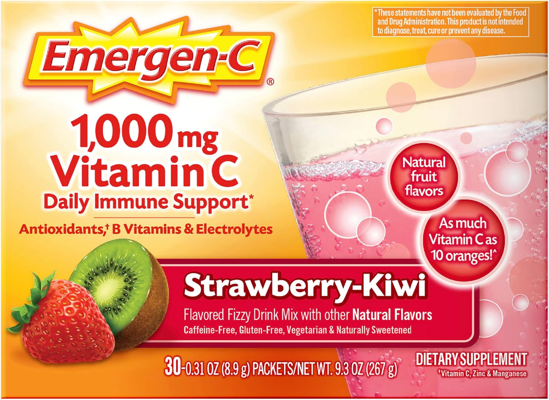1000mg Vitamin C Immune Support Powder Strawberry Kiwi 30CT includes Zinc, Manganese, 7 B Vitamins and Electrolytes for Back to School Essentials
