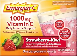 Emergen-C 1000mg Vitamin C Immune Support Powder Strawberry Kiwi 30CT includes Zinc, Manganese, 7 B Vitamins and Electrolytes for Back to School Essentials