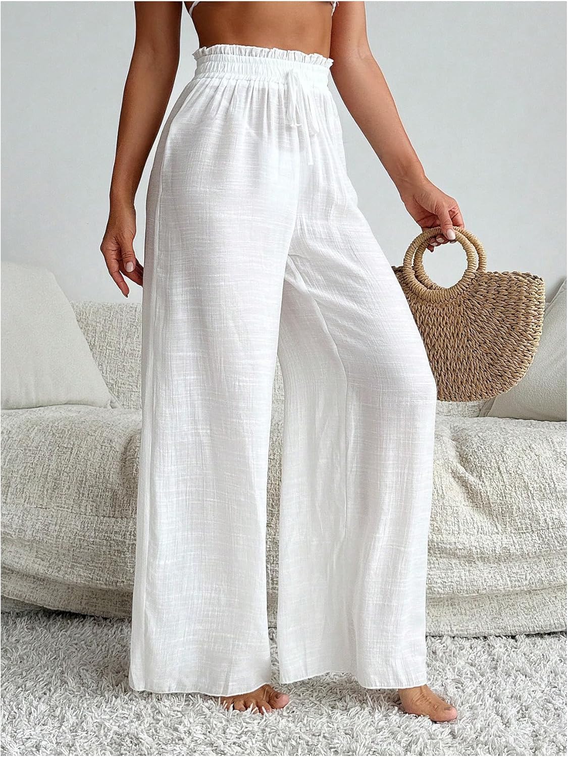 Women's Cover Up Beach Pants Sheer Mesh Drawstring Wide Leg High Waist Bikini Swimsuit Coverups - Image 4