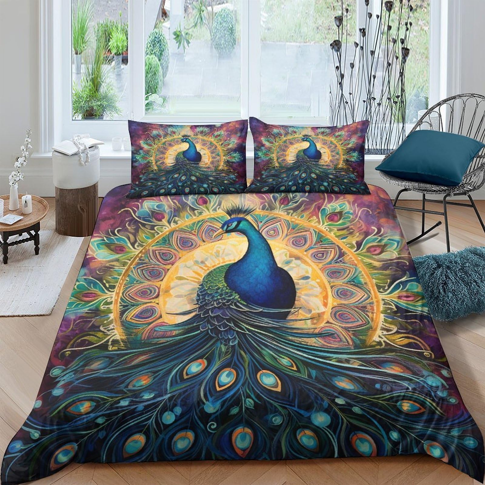 Ctjqhvkz Style-6 3D Printed Peacock Mandala Fitted Sheet Microfiber Soft Anti-Slip Mattress Cover For Bedroom Dorm Easy Wash Decor Single（135X200cm）