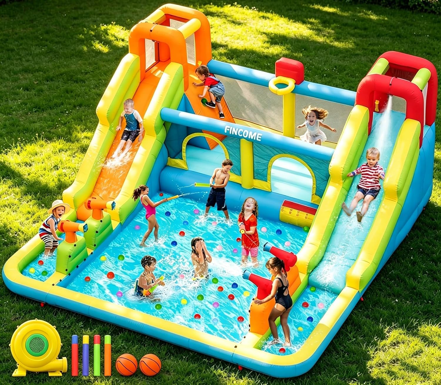 Photo 1 of Inflatable Bounce House for Kids, Water Bounce House with Double Slides Indoor Outdoor, Bounce House Water Slide with Air Blower for Park Backyard Party Birthday (with 750W Blower)