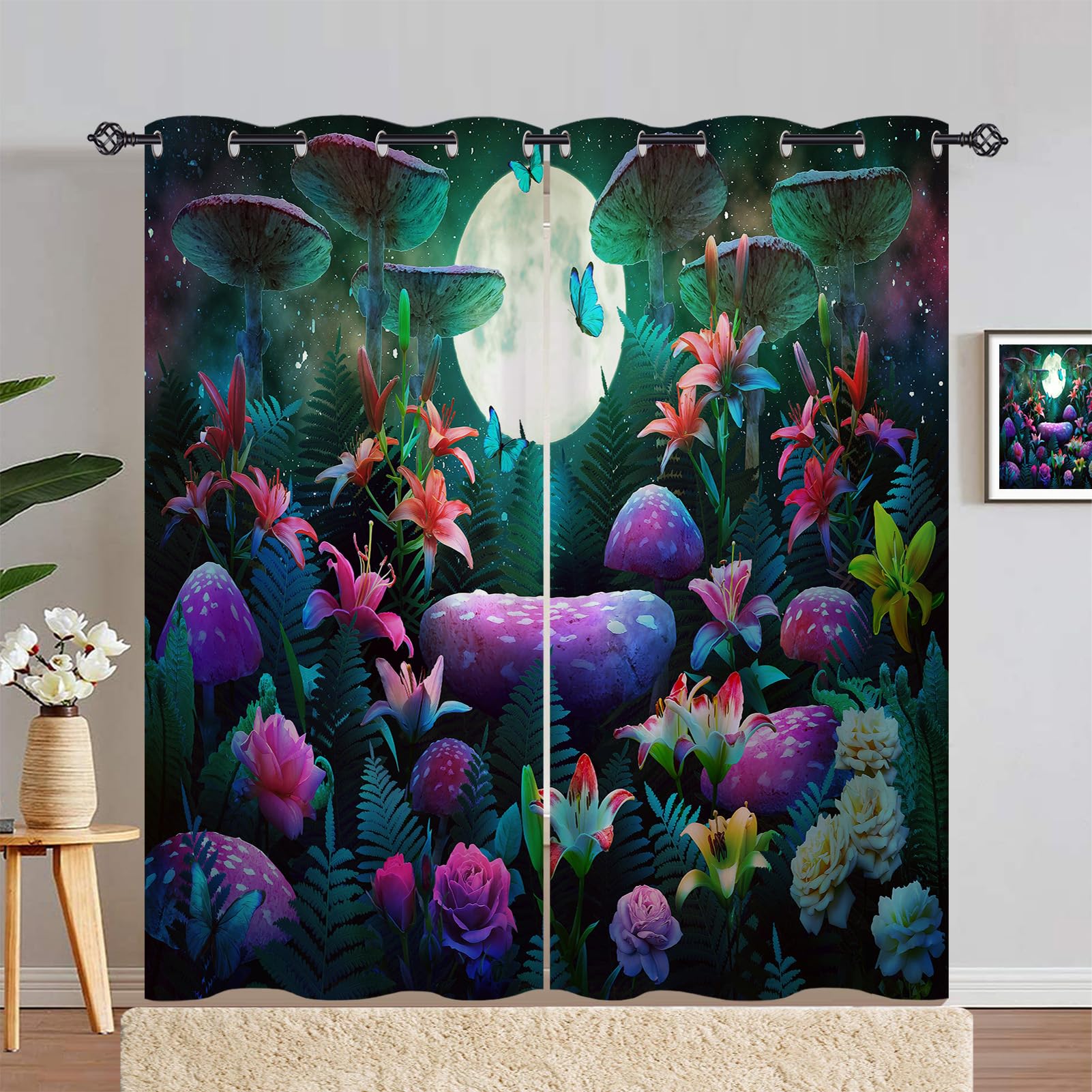 ANHOPE Mushroom Curtains Eyelet 80% Blackout Room Darkening Curtains Fantasy Forest Mushroom Flower Moon Print Pattern Light Blocking Window Drapes for Bedroom Living Room 46 x 84 Inch Drop 2 Panels