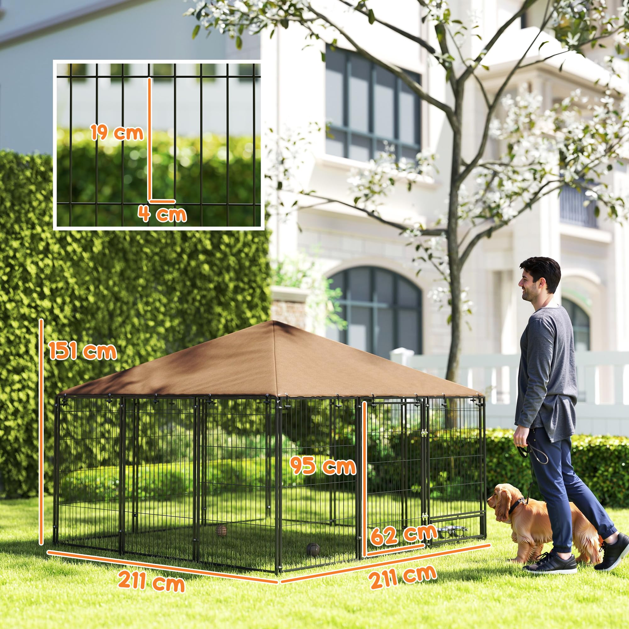 PawHut Recinto per Cani da Esterno, Box per Cani in Acciaio 211x211x151 cm con Tetto Anti-UV, Impermeabile, Ciotola Girevole, Kennel Recinzione Spazioso per Cuccioli, Giardino, Nero e Marrone