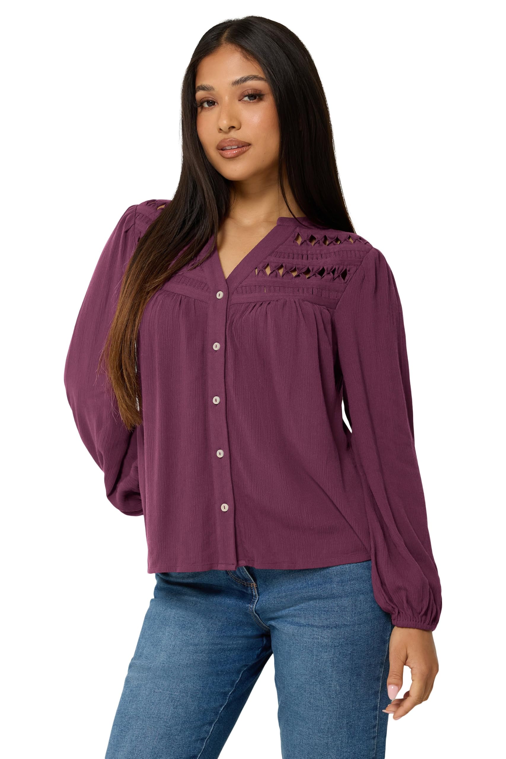 M&Co Women's Purple Petite Crochet Long Sleeve Blouse In | Size: 10