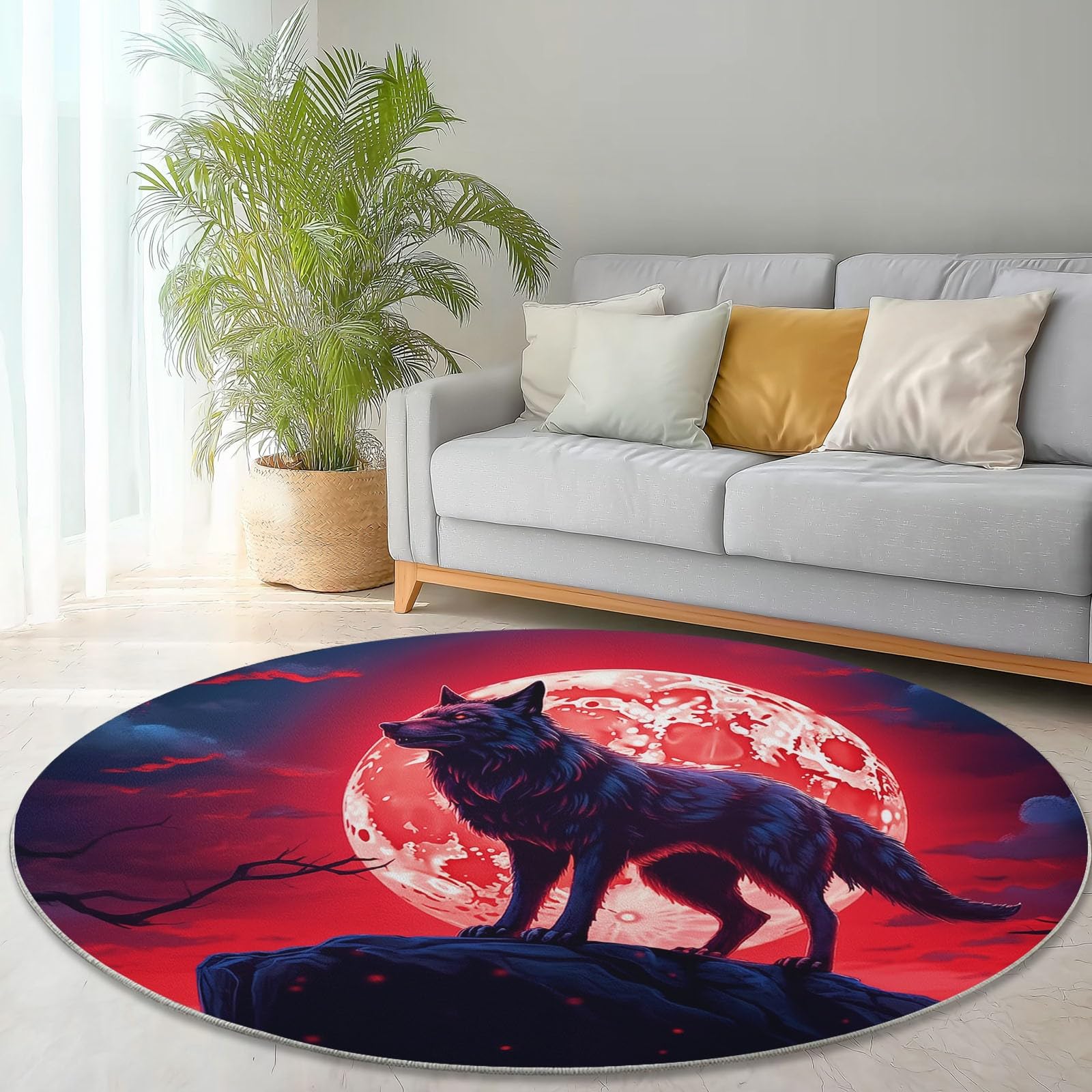 Générique Tapis Rond Salon 150 cm, Loup De Dessin Animé Fantastique Lune Imprimé Tapis de Sol Décoration Antidérapant pour Salon Chambre Cuisine Balcon Terrasse Salle à Manger Intérieur, Rouge Foncé