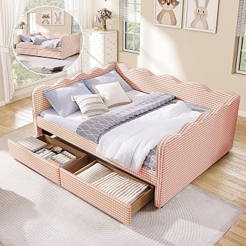 Queen Size Daybed with Storage Drawers, Linen Gingham Daybed with USB Ports & Wave Shaped, Upholstered Day Bed Frame, Modern Sofa Bed for Living Room/Bedroom/Guest Room, No Box Spring Needed, Pink